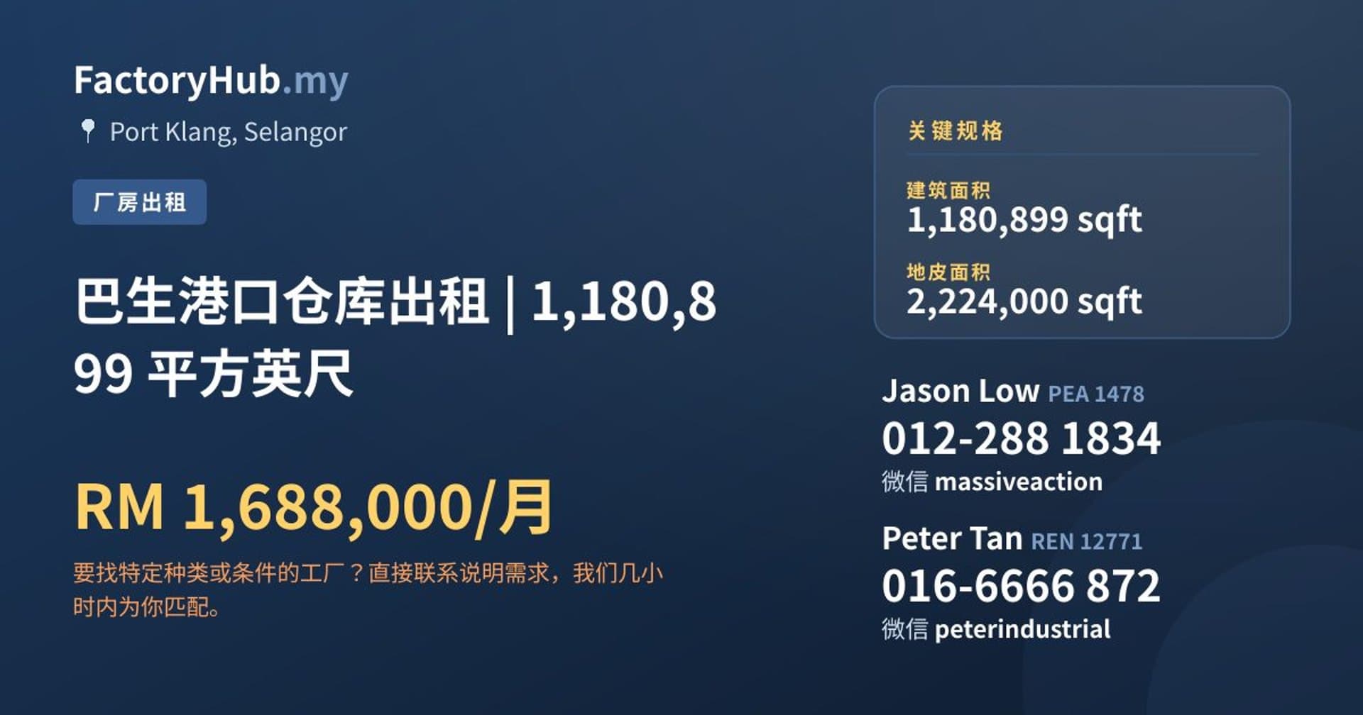 巴生港口仓库出租 | 1,180,899 平方英尺 · 房源图片 1/2