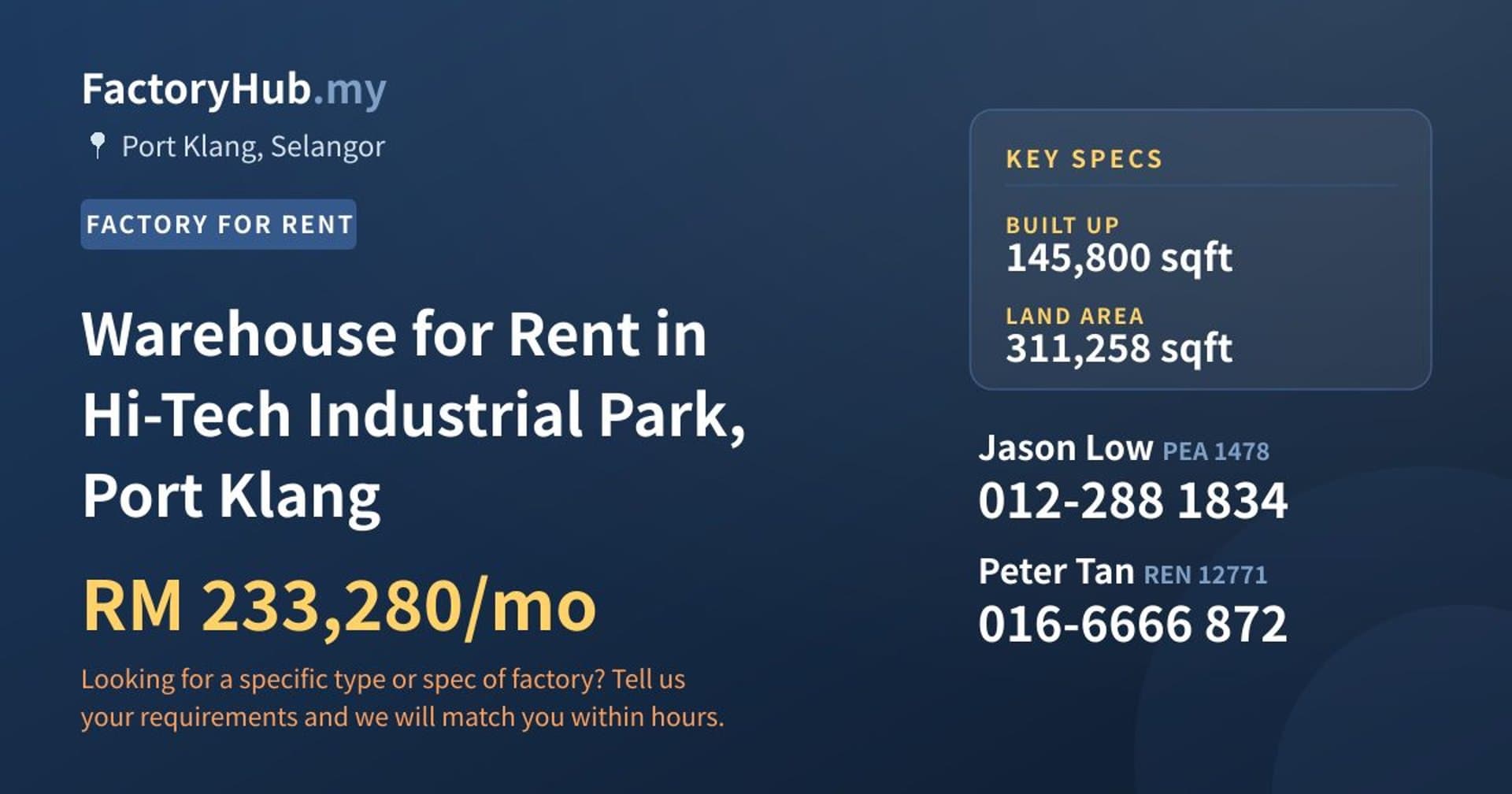 Warehouse for Rent in Hi-Tech Industrial Park, Port Klang - Property image 1 of 2