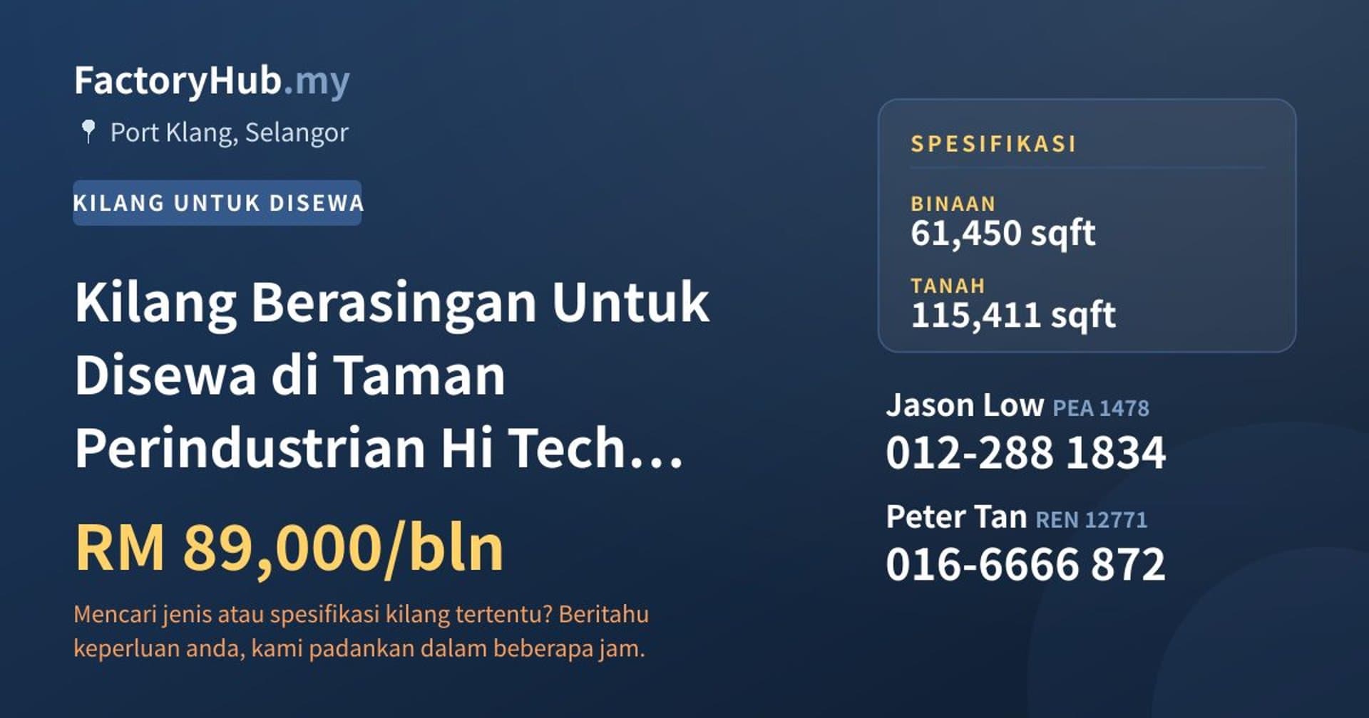 Kilang Berasingan Untuk Disewa di Taman Perindustrian Hi Tech Port Klang · Imej hartanah 1/2