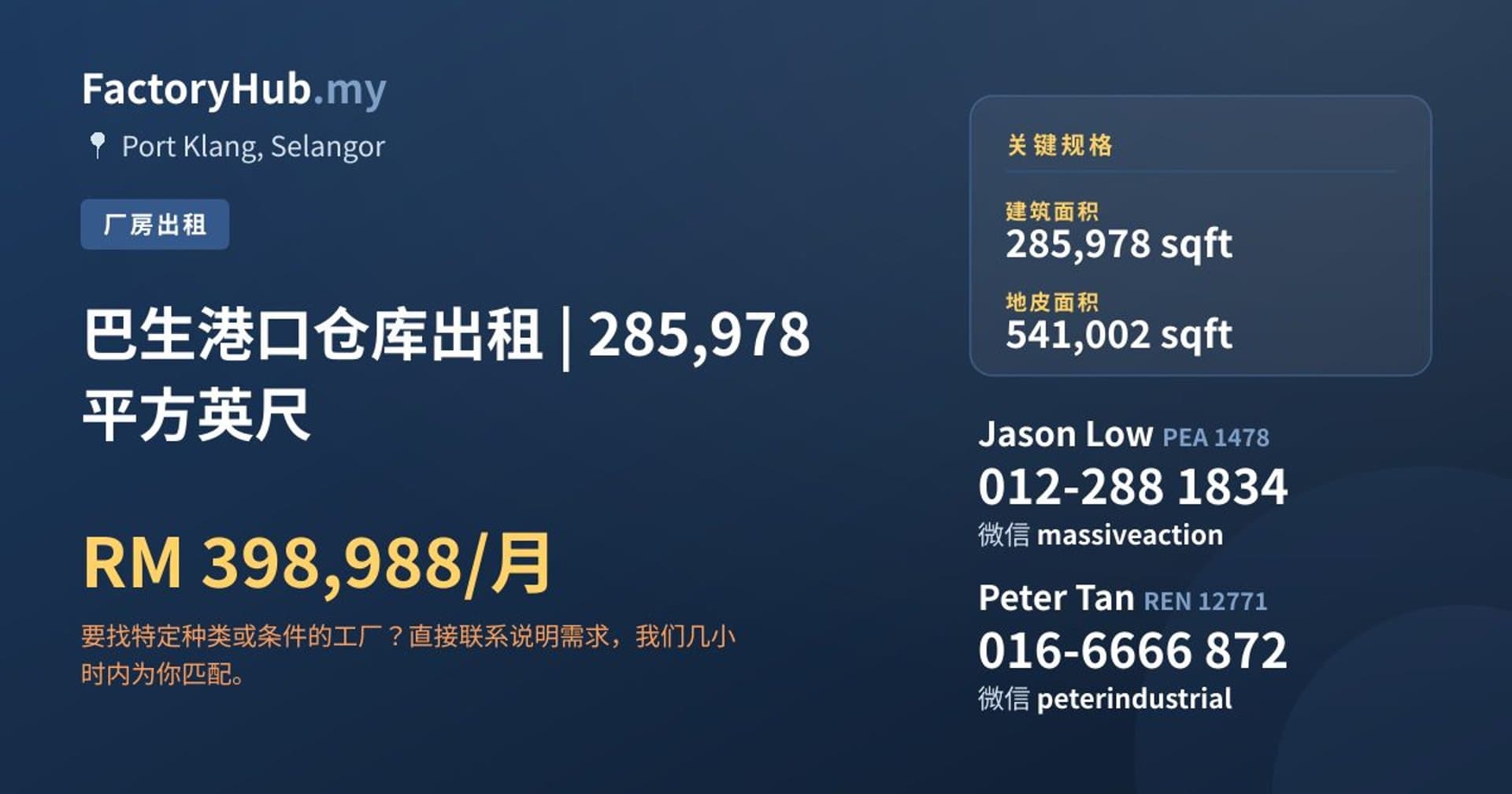 巴生港口仓库出租 | 285,978 平方英尺 · 房源图片 1/2