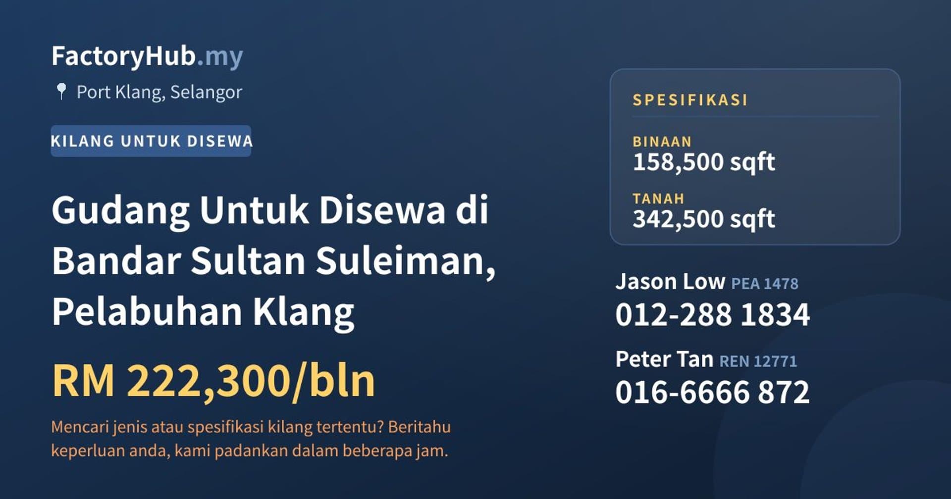 Gudang Untuk Disewa di Bandar Sultan Suleiman, Pelabuhan Klang · Imej hartanah 1/2