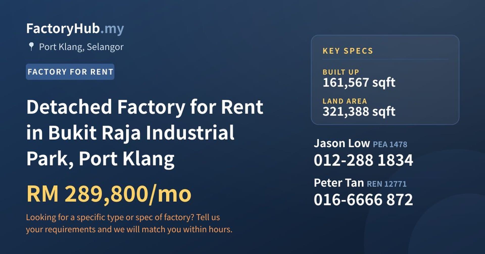 Detached Factory for Rent in Bukit Raja Industrial Park, Port Klang - Property image 1 of 2