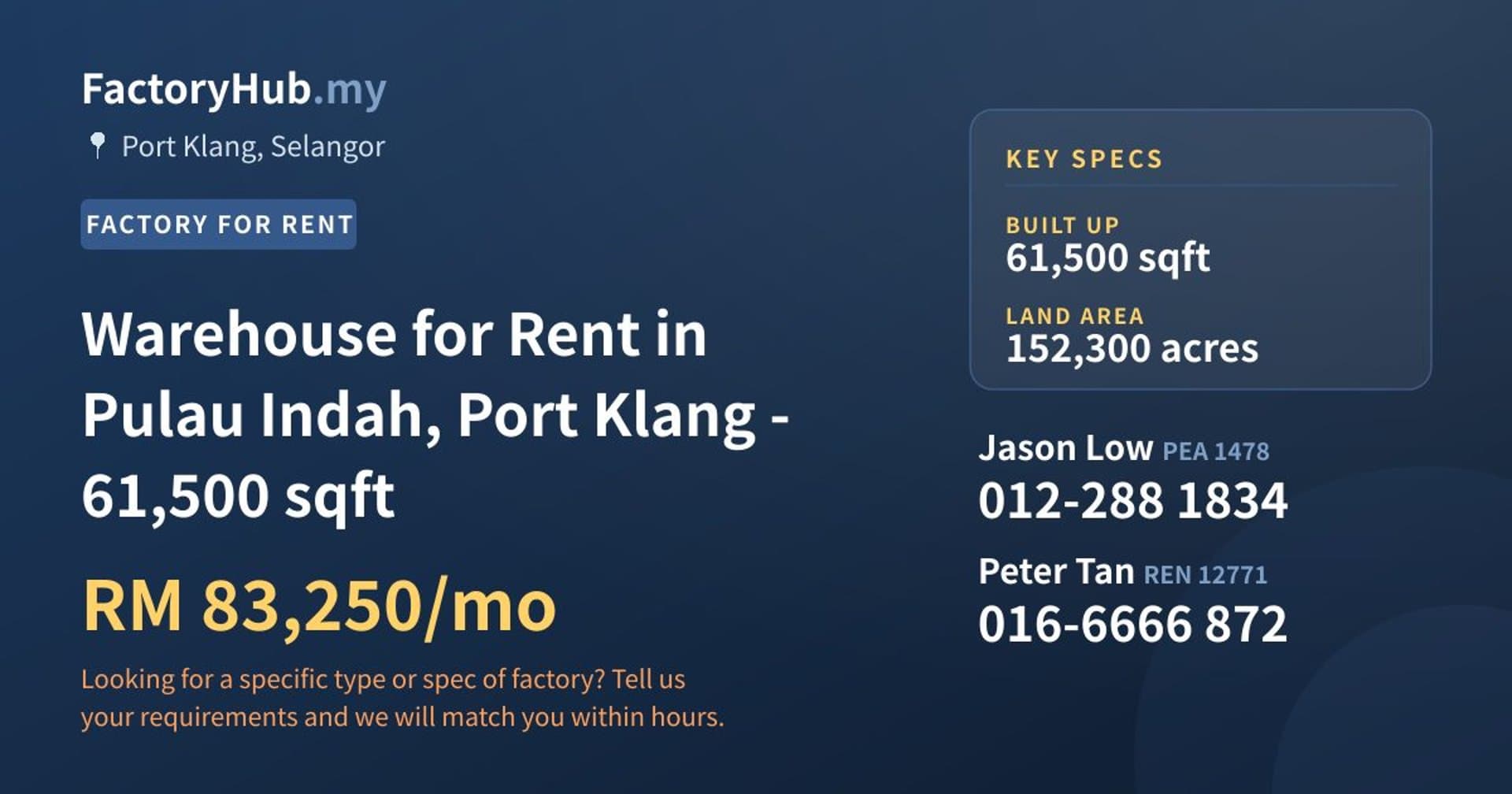 Warehouse for Rent in Pulau Indah, Port Klang - 61,500 sqft - Property image 1 of 2