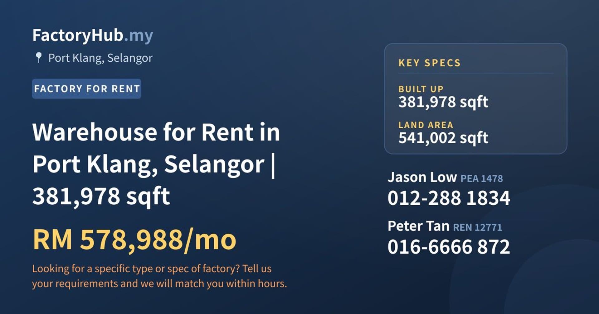 Warehouse for Rent in Port Klang, Selangor | 381,978 sqft - Property image 1 of 2