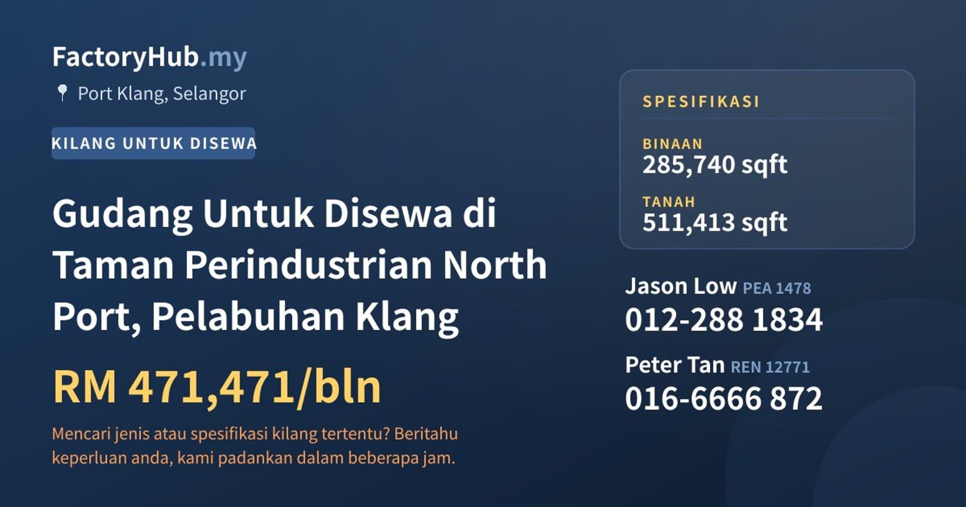 Gudang Untuk Disewa di Taman Perindustrian North Port, Pelabuhan Klang · Imej hartanah 1/2