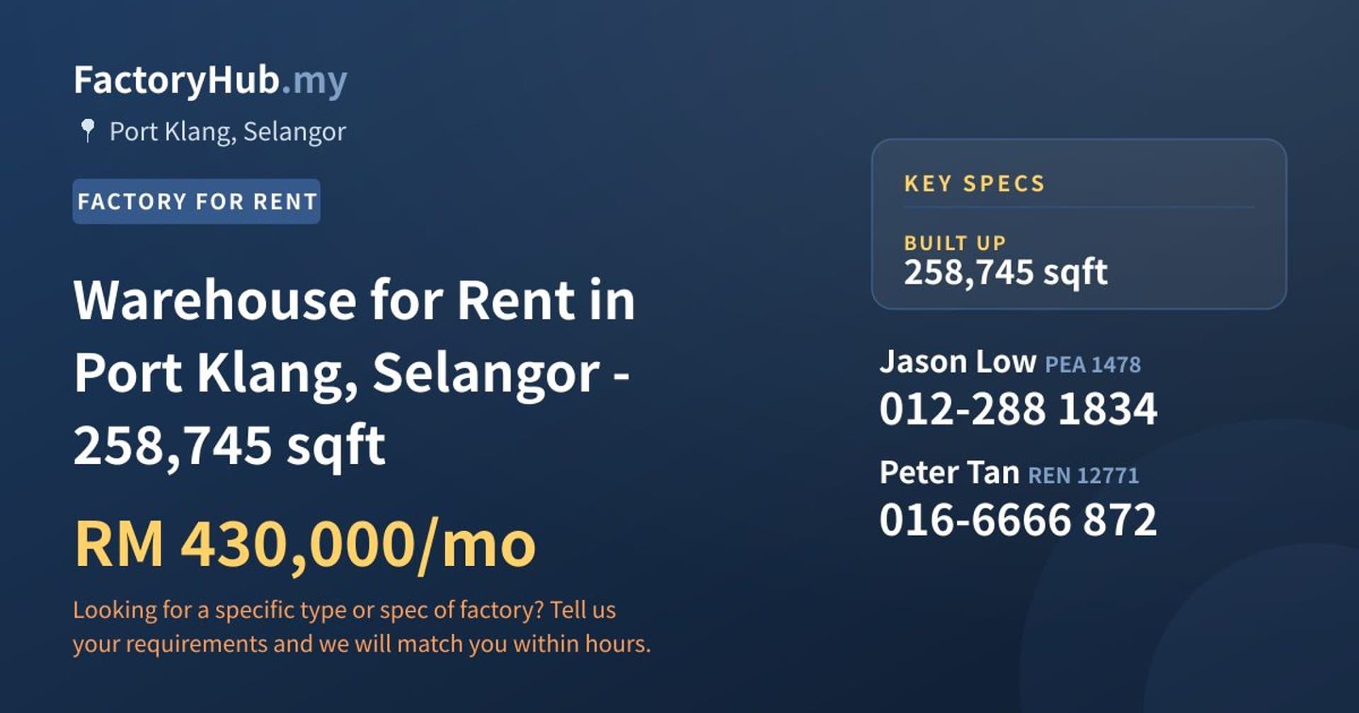Warehouse for Rent in Port Klang, Selangor - 258,745 sqft - Property image 1 of 2