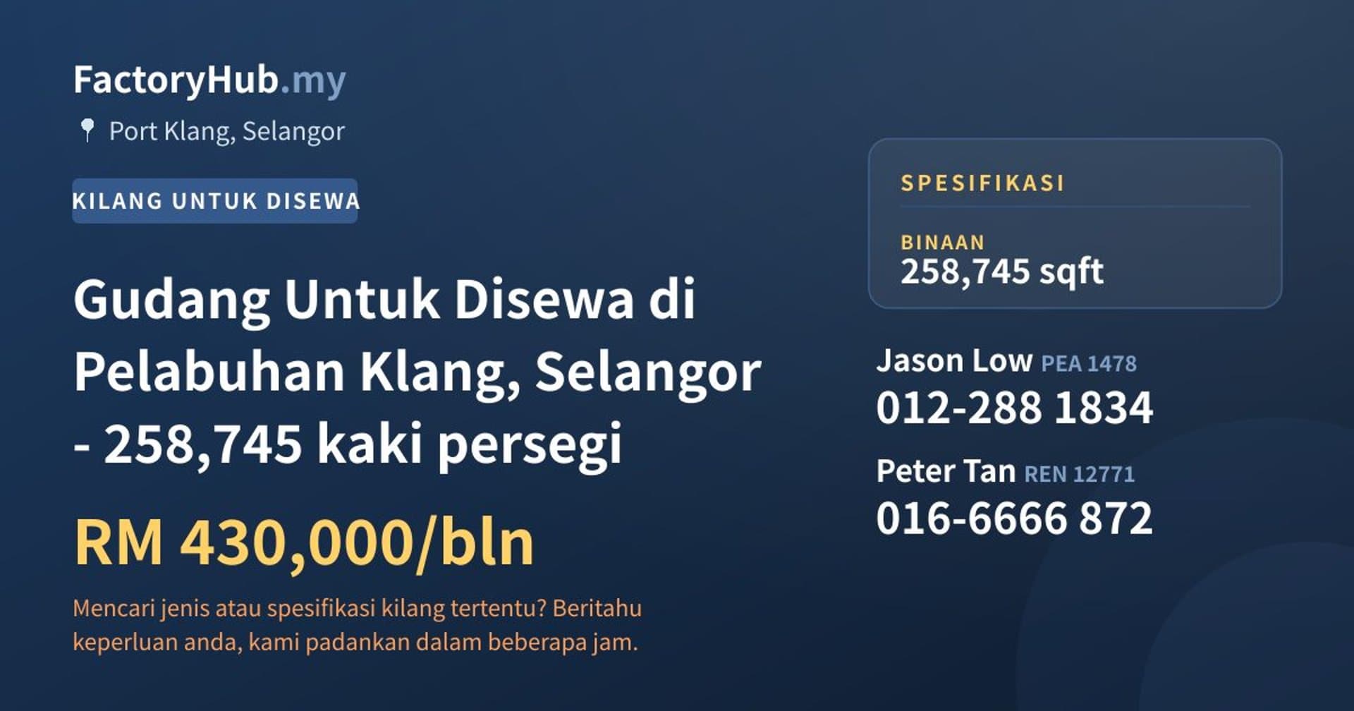 Gudang Untuk Disewa di Pelabuhan Klang, Selangor - 258,745 kaki persegi · Imej hartanah 1/2