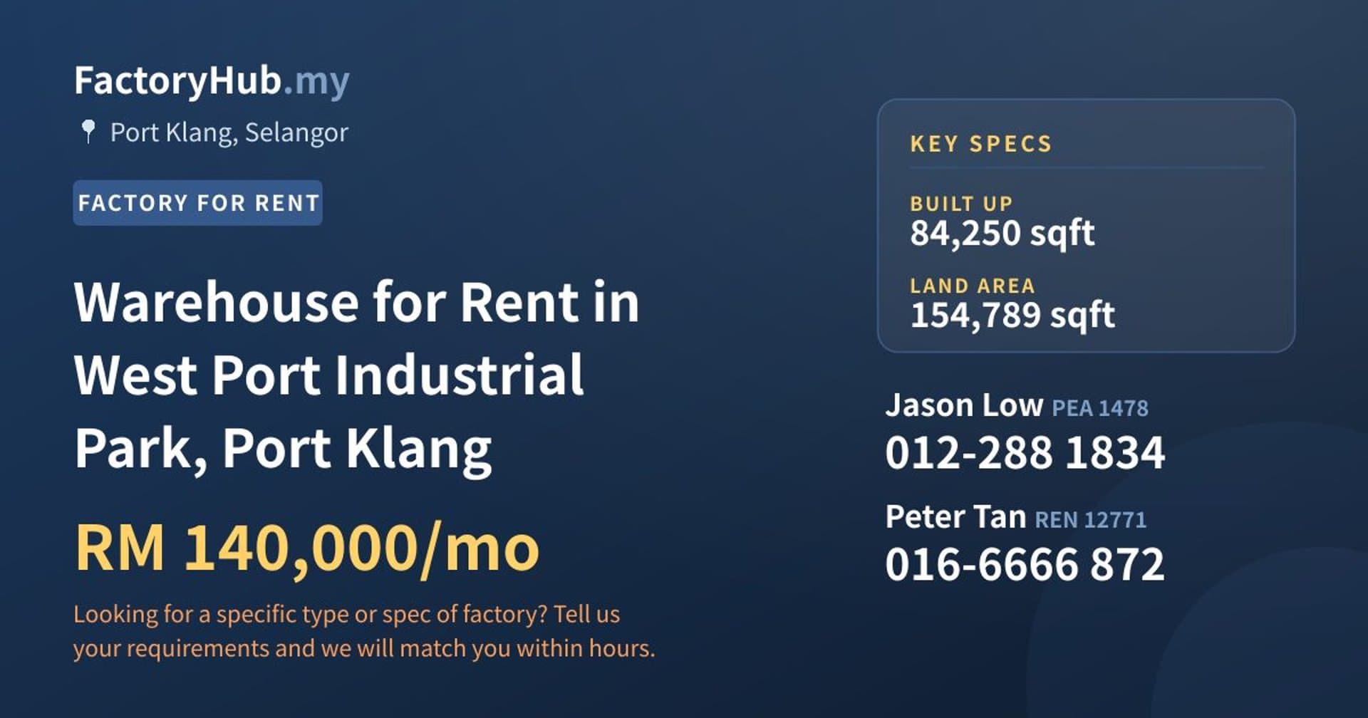 Warehouse for Rent in West Port Industrial Park, Port Klang - Property image 1 of 2