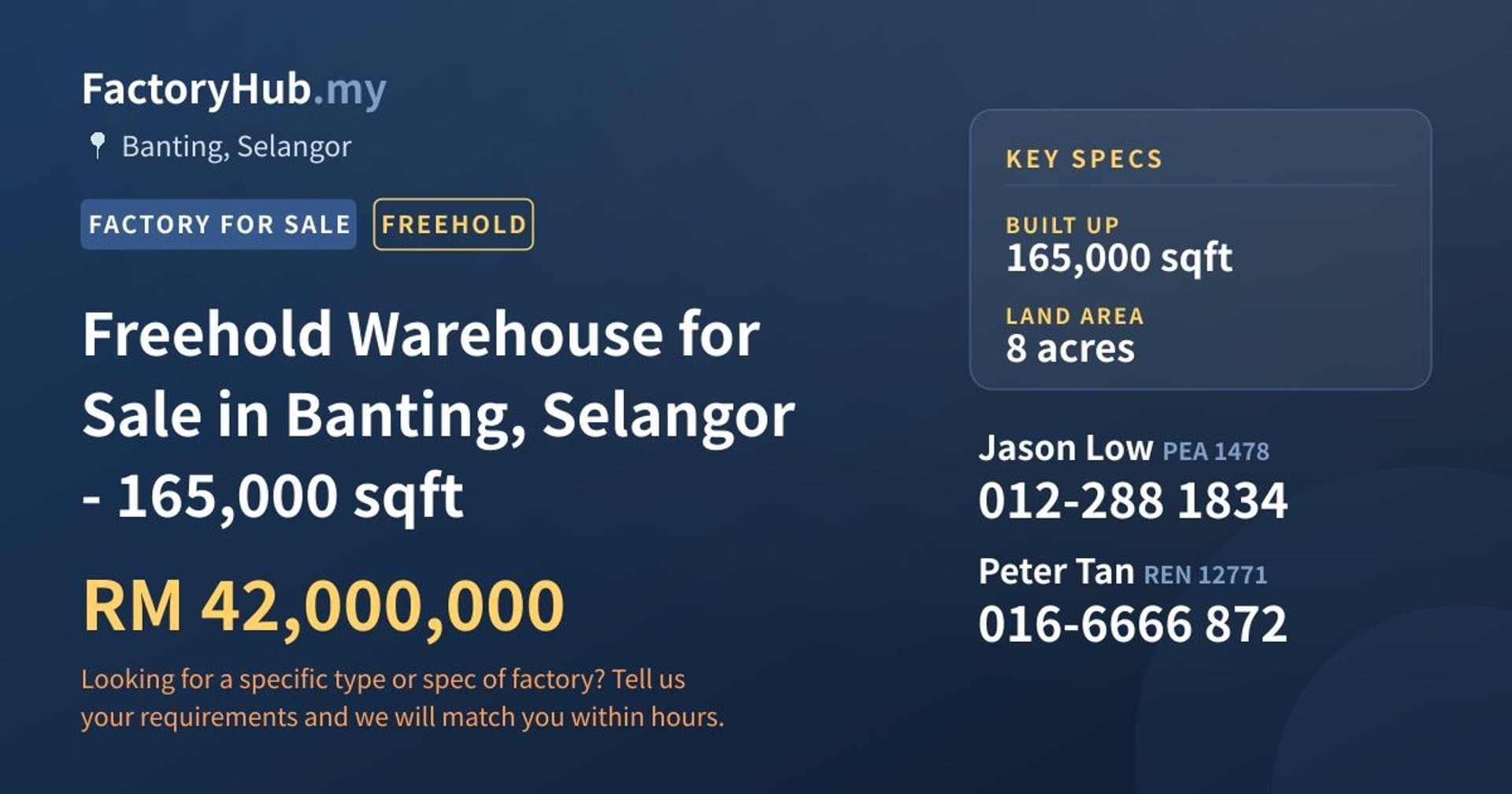 Freehold Warehouse for Sale in Banting, Selangor - 165,000 sqft - Property image 1 of 2