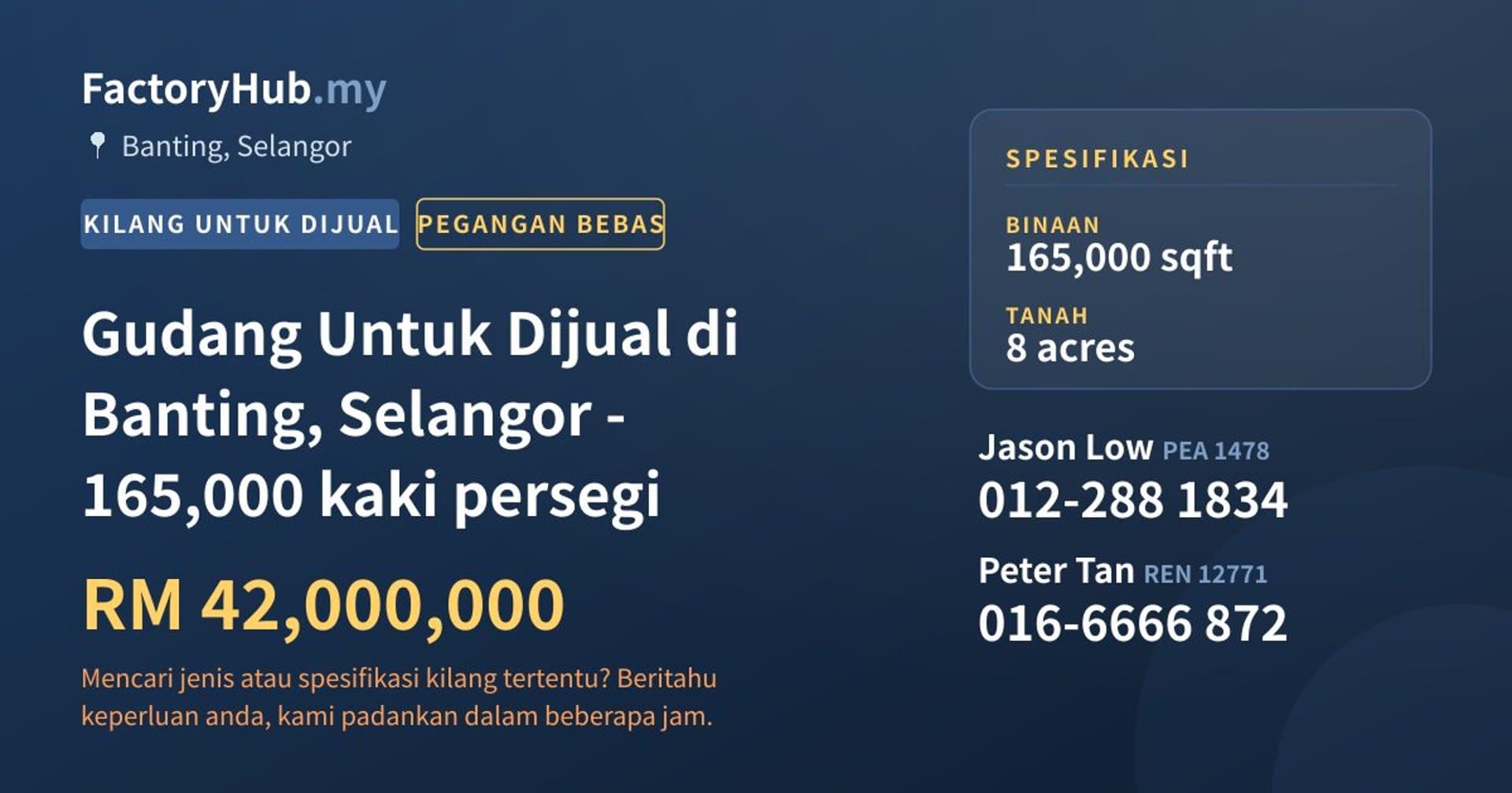 Gudang Untuk Dijual di Banting, Selangor - 165,000 kaki persegi · Imej hartanah 1/2