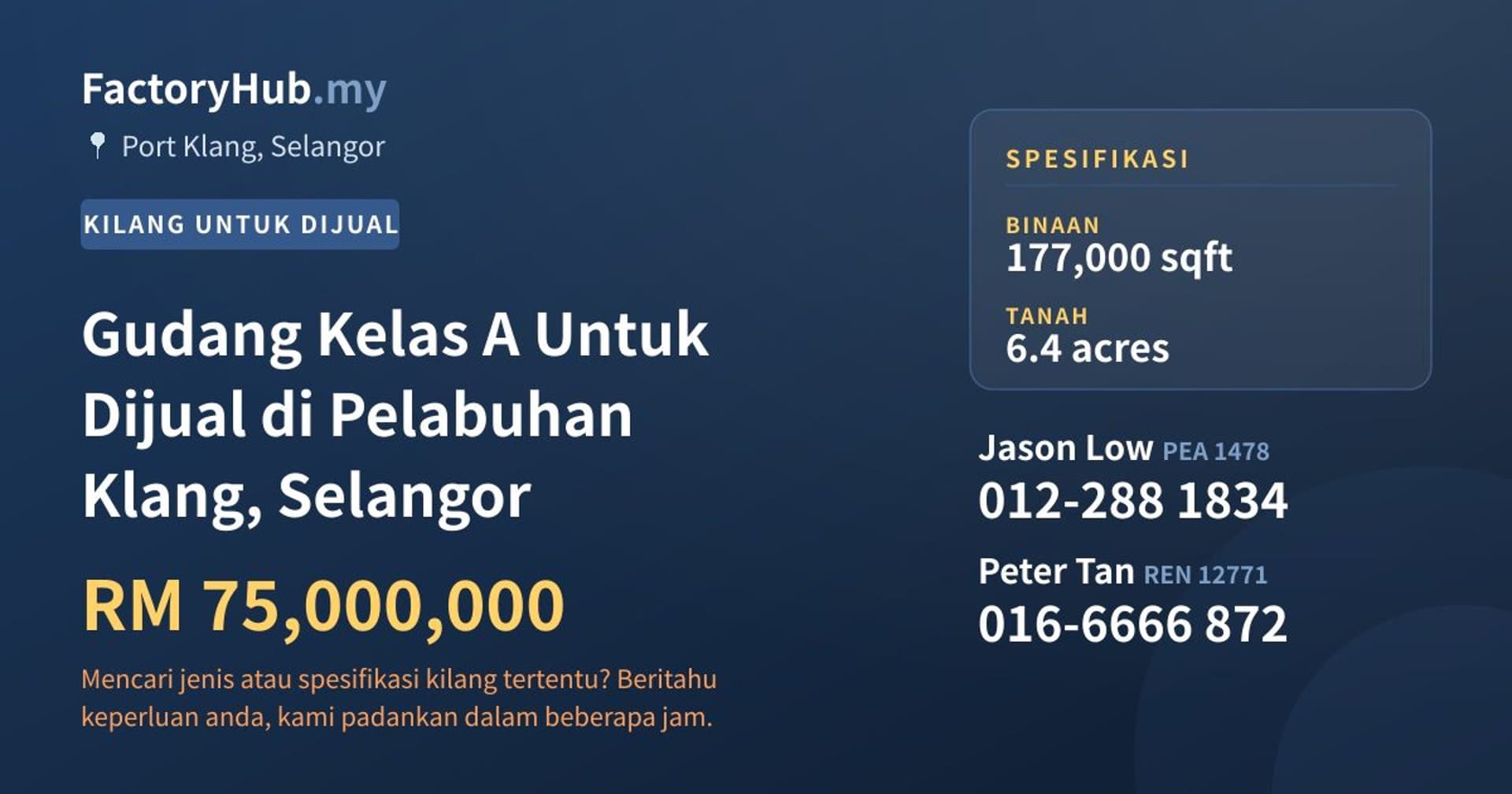 Gudang Kelas A Untuk Dijual di Pelabuhan Klang, Selangor · Imej hartanah 1/2
