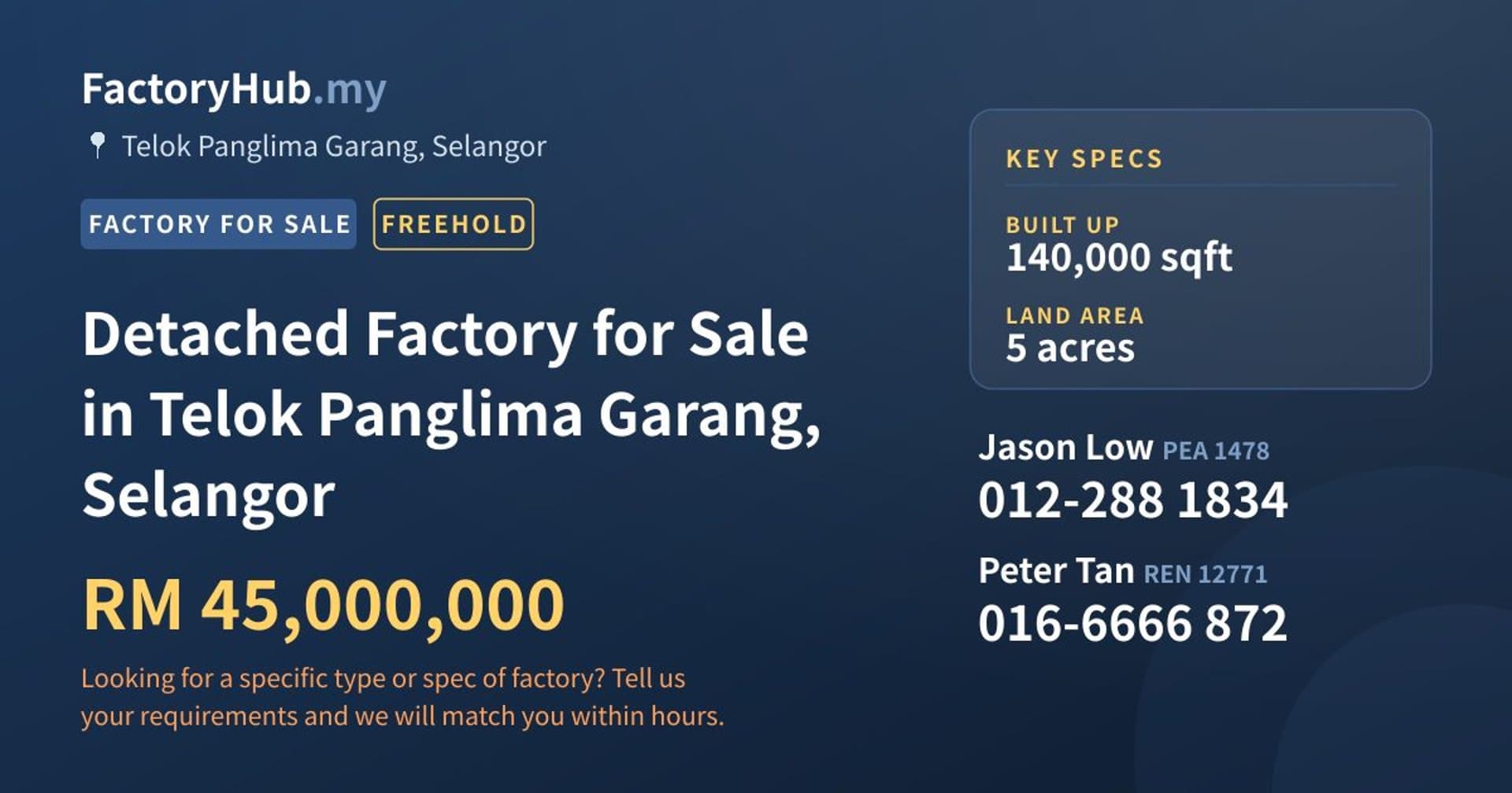 Detached Factory for Sale in Telok Panglima Garang, Selangor - Property image 1 of 2