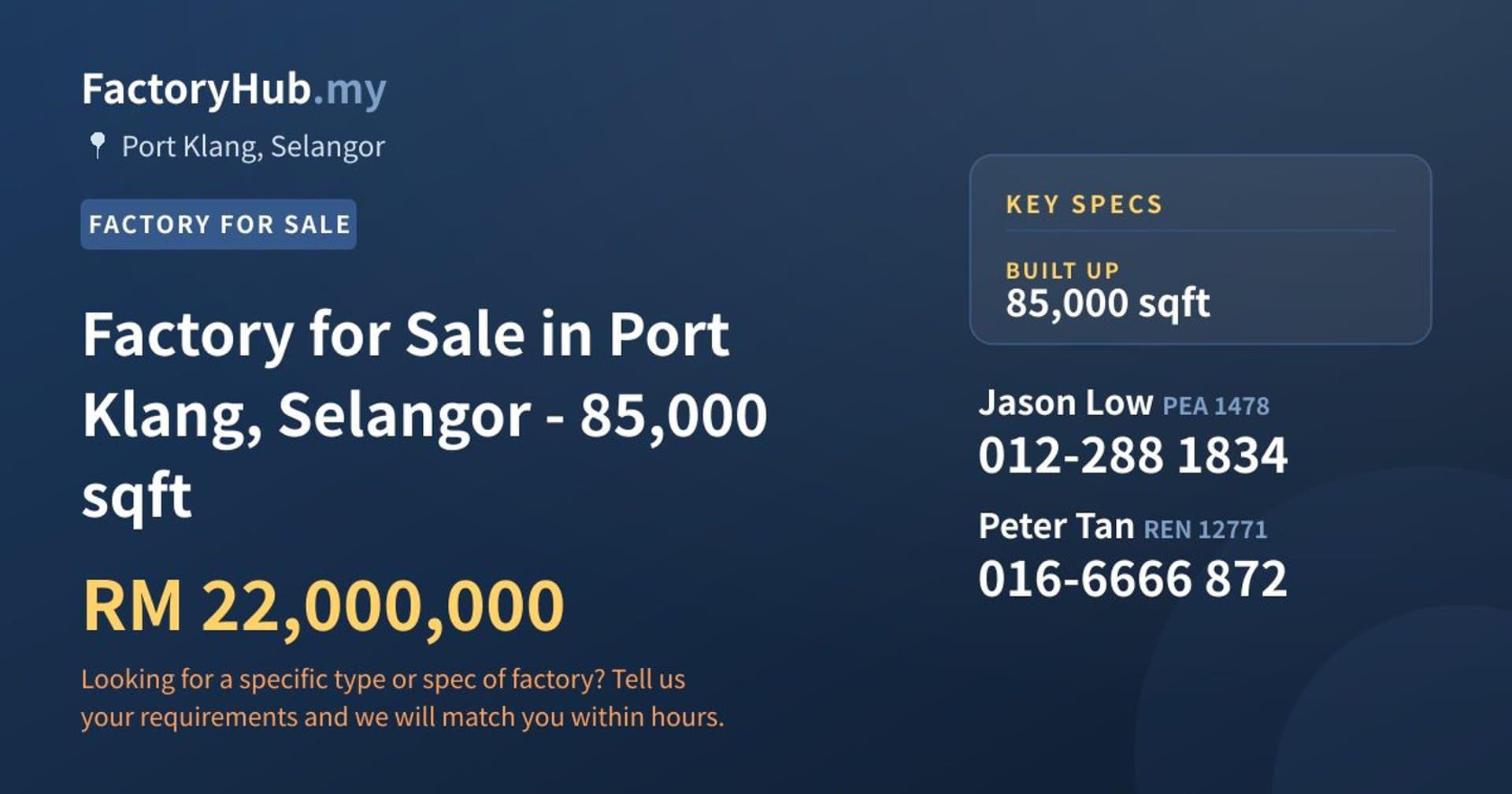 Factory for Sale in Port Klang, Selangor - 85,000 sqft - Property image 1 of 2