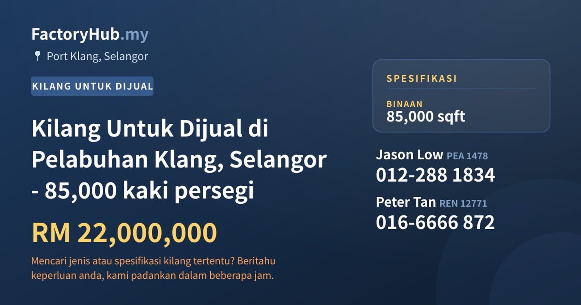 Kilang Untuk Dijual di Pelabuhan Klang, Selangor - 85,000 kaki persegi · Imej hartanah 1/2