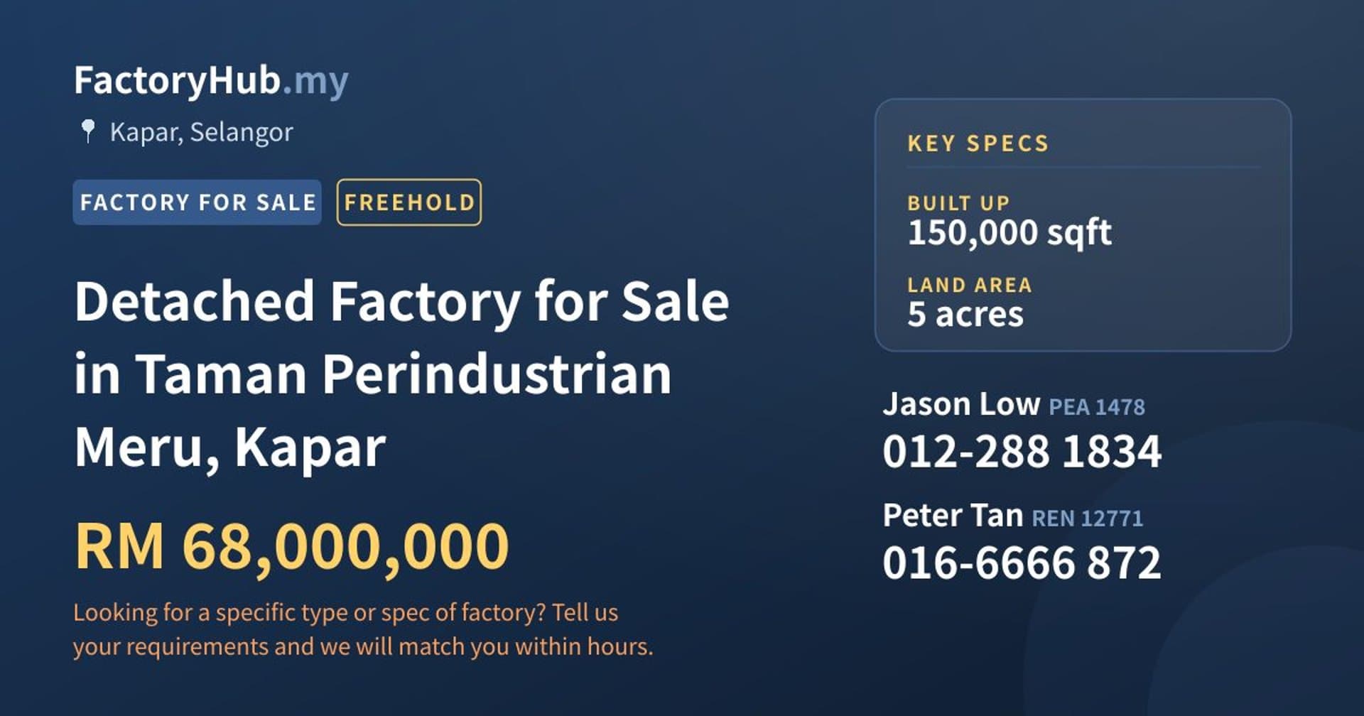 Detached Factory for Sale in Taman Perindustrian Meru, Kapar - Property image 1 of 2