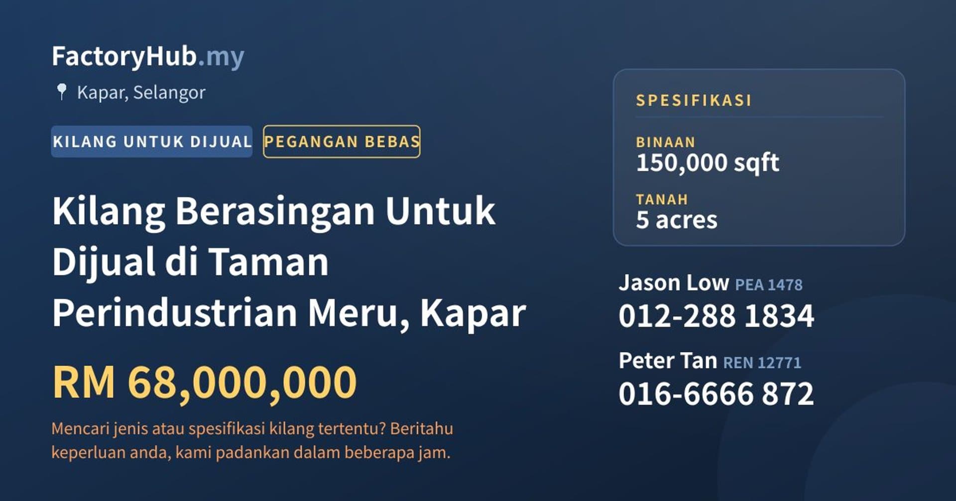 Kilang Berasingan Untuk Dijual di Taman Perindustrian Meru, Kapar · Imej hartanah 1/2