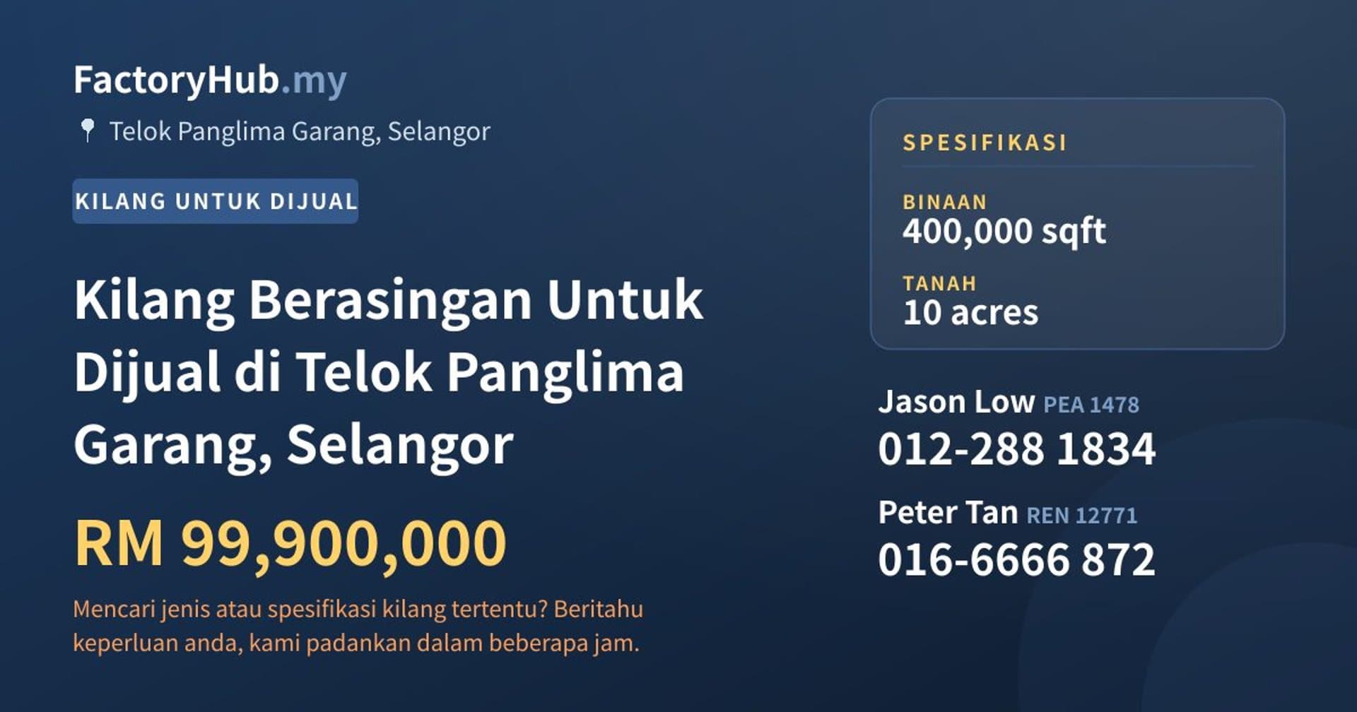 Kilang Berasingan Untuk Dijual di Telok Panglima Garang, Selangor · Imej hartanah 1/2