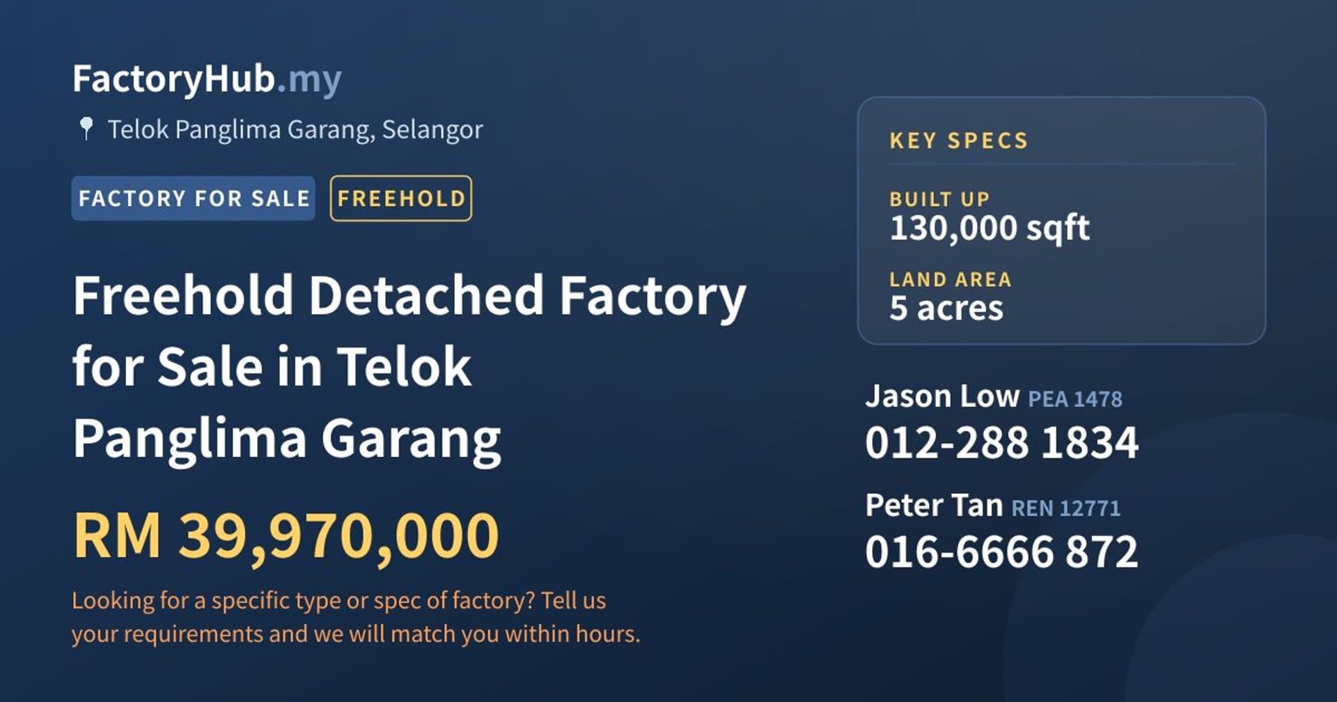 Freehold Detached Factory for Sale in Telok Panglima Garang - Property image 1 of 2