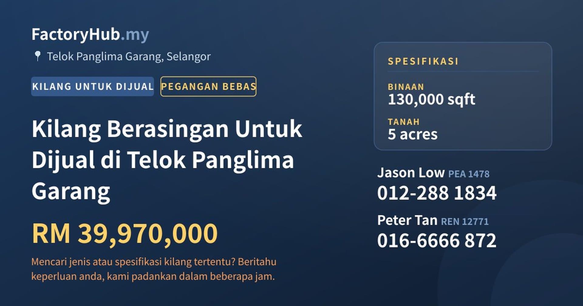 Kilang Berasingan Untuk Dijual di Telok Panglima Garang · Imej hartanah 1/2