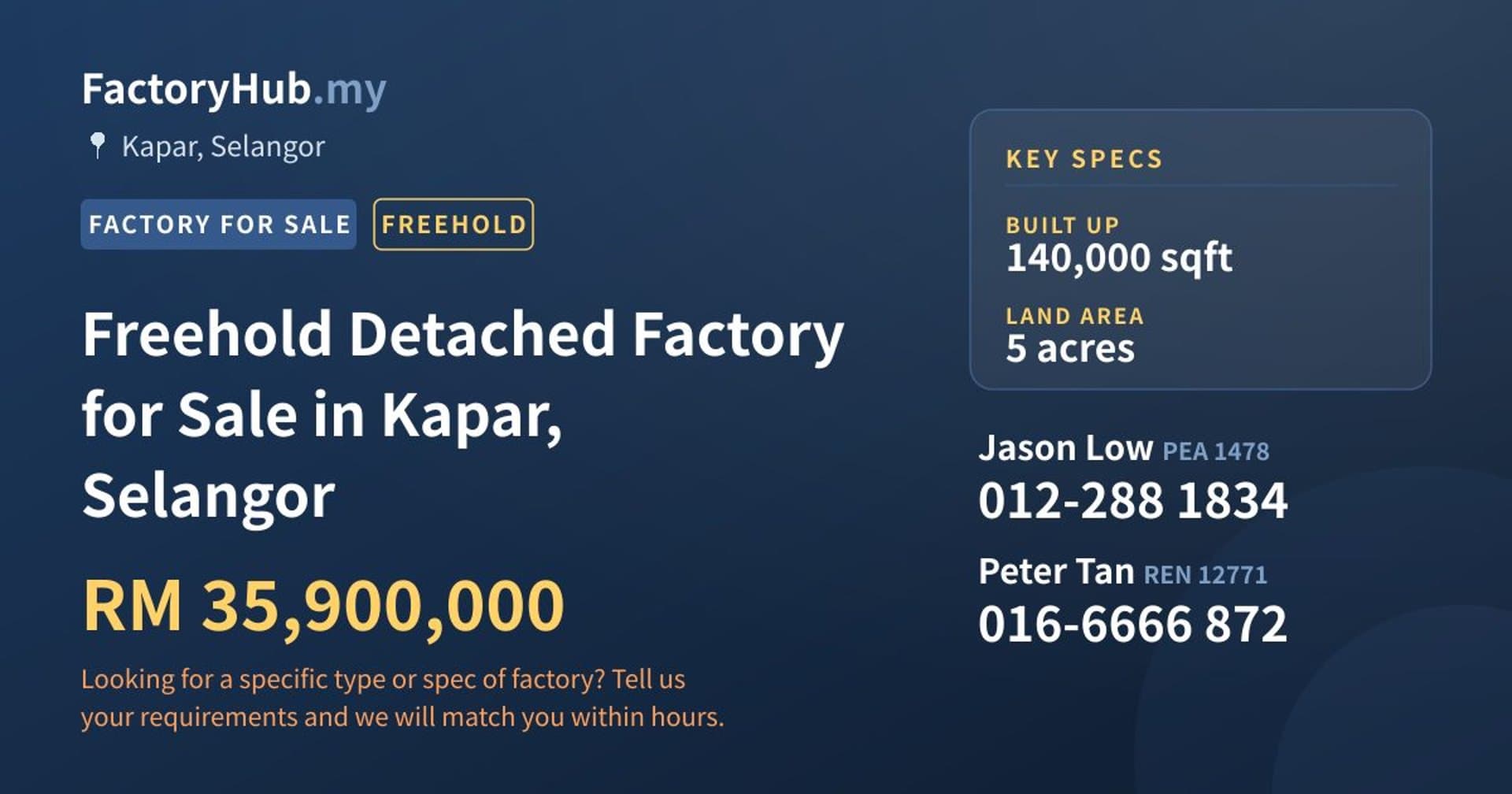 Freehold Detached Factory for Sale in Kapar, Selangor - Property image 1 of 2