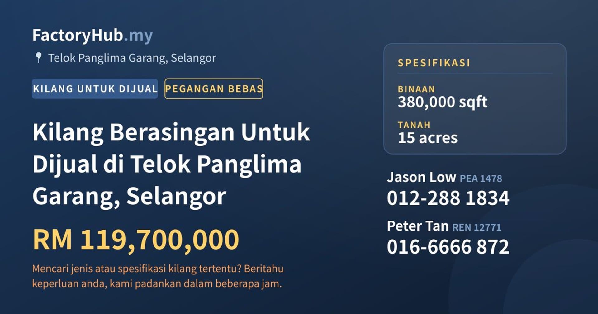 Kilang Berasingan Untuk Dijual di Telok Panglima Garang, Selangor · Imej hartanah 1/2