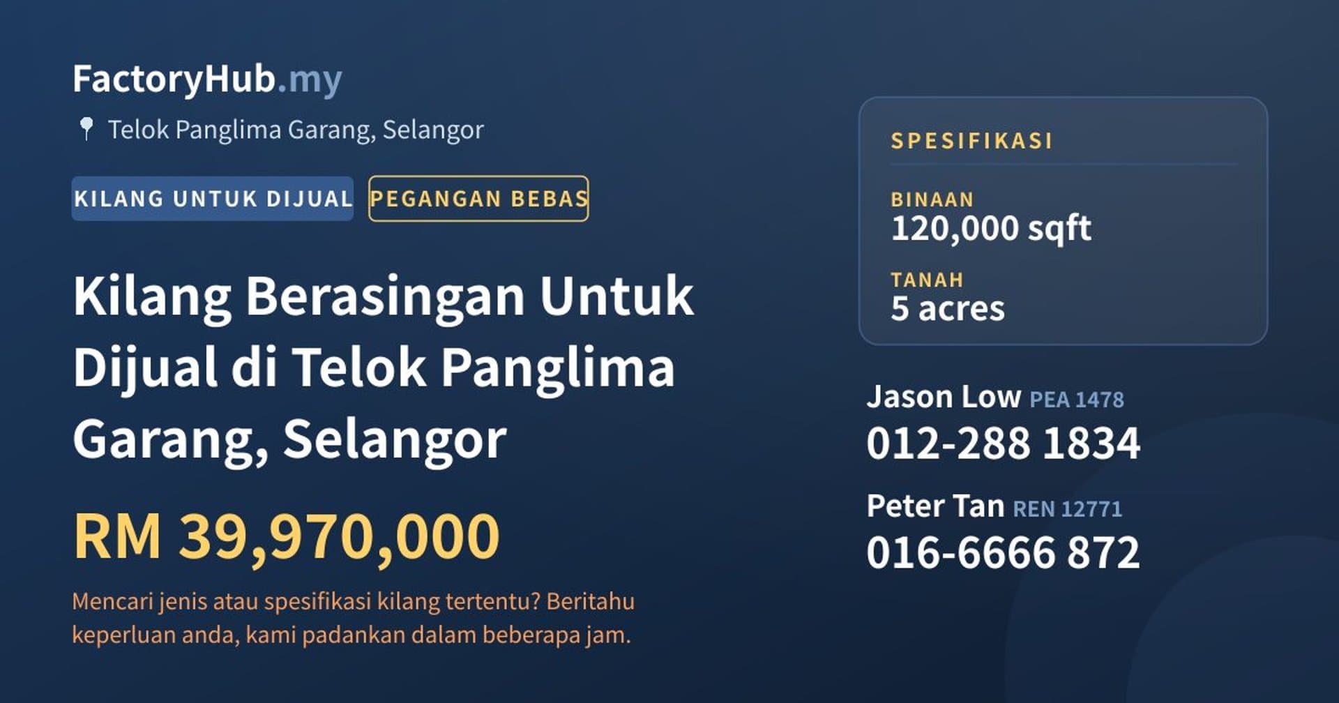 Kilang Berasingan Untuk Dijual di Telok Panglima Garang, Selangor · Imej hartanah 1/2