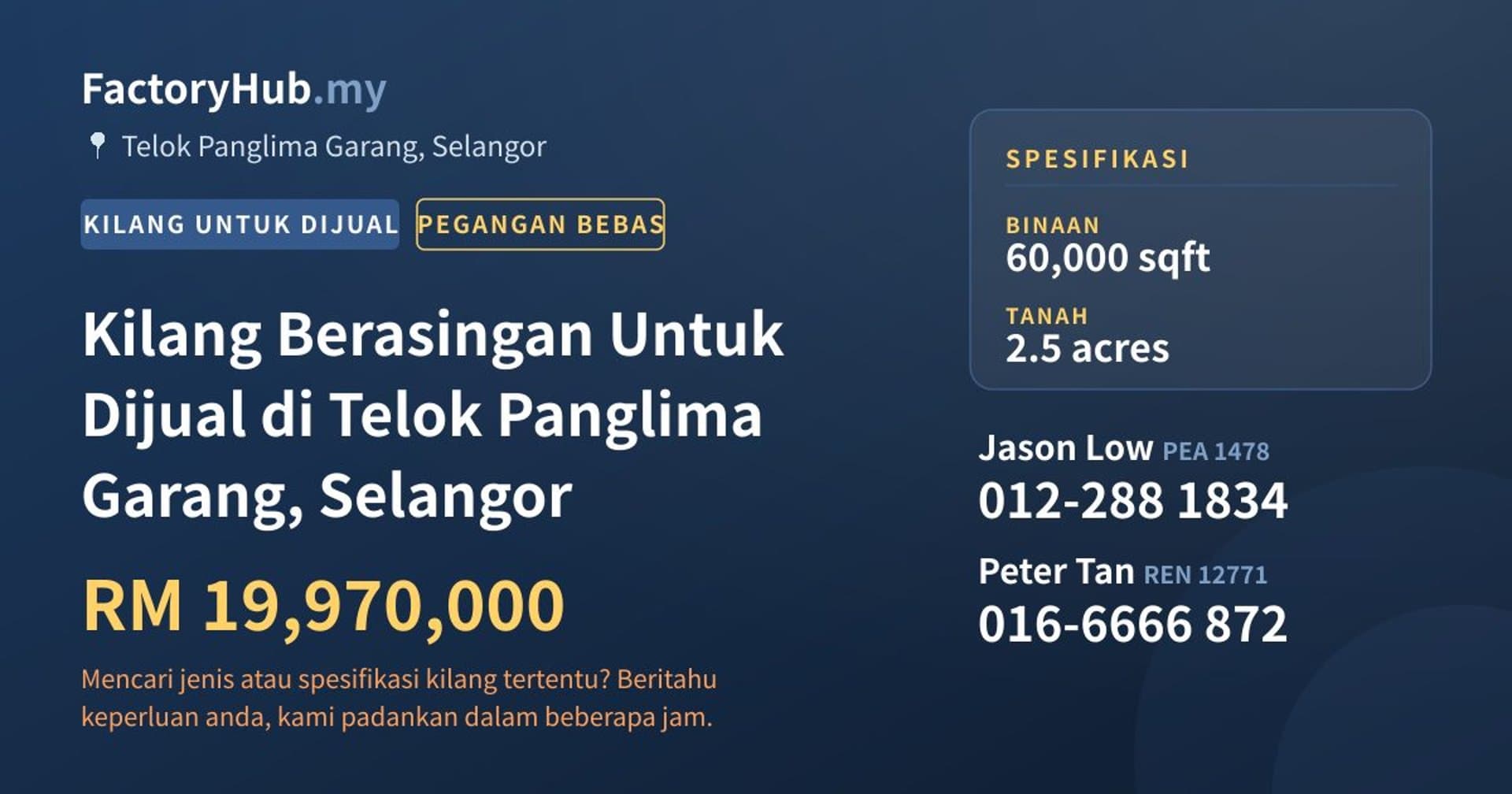 Kilang Berasingan Untuk Dijual di Telok Panglima Garang, Selangor · Imej hartanah 1/2