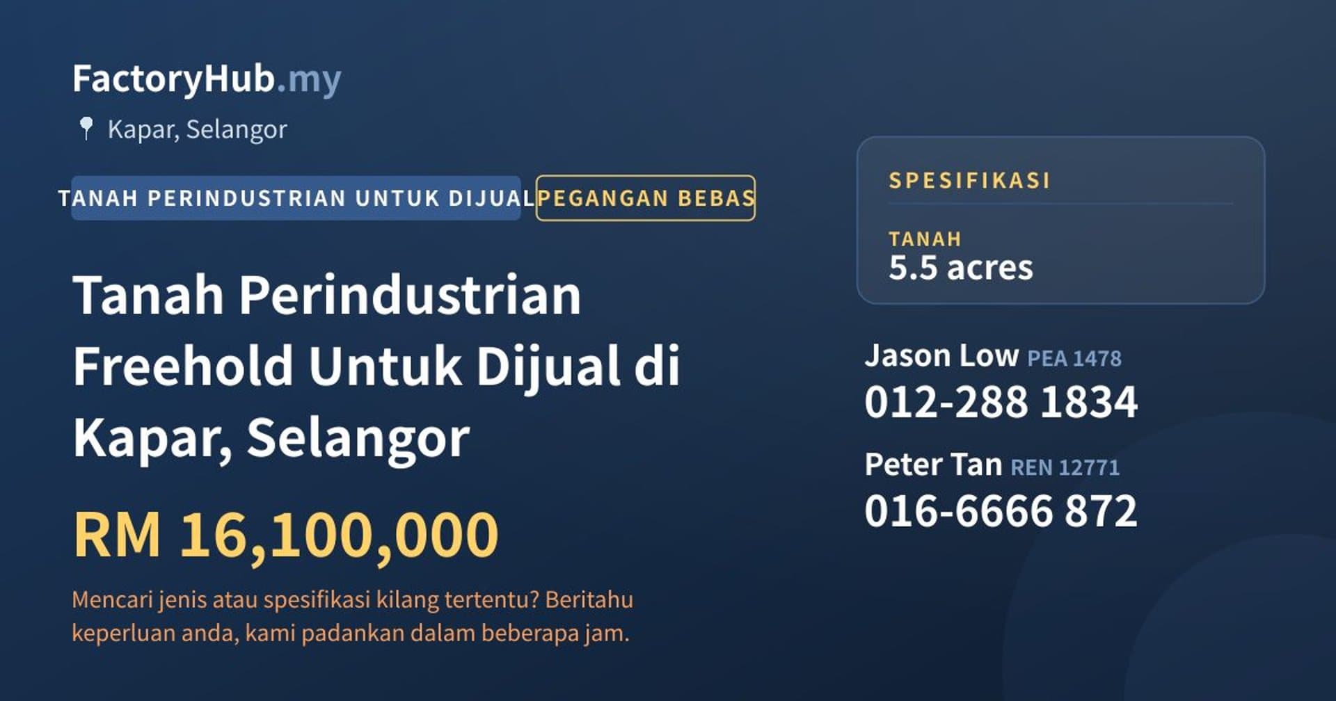 Tanah Perindustrian Freehold Untuk Dijual di Kapar, Selangor · Imej hartanah 1/2