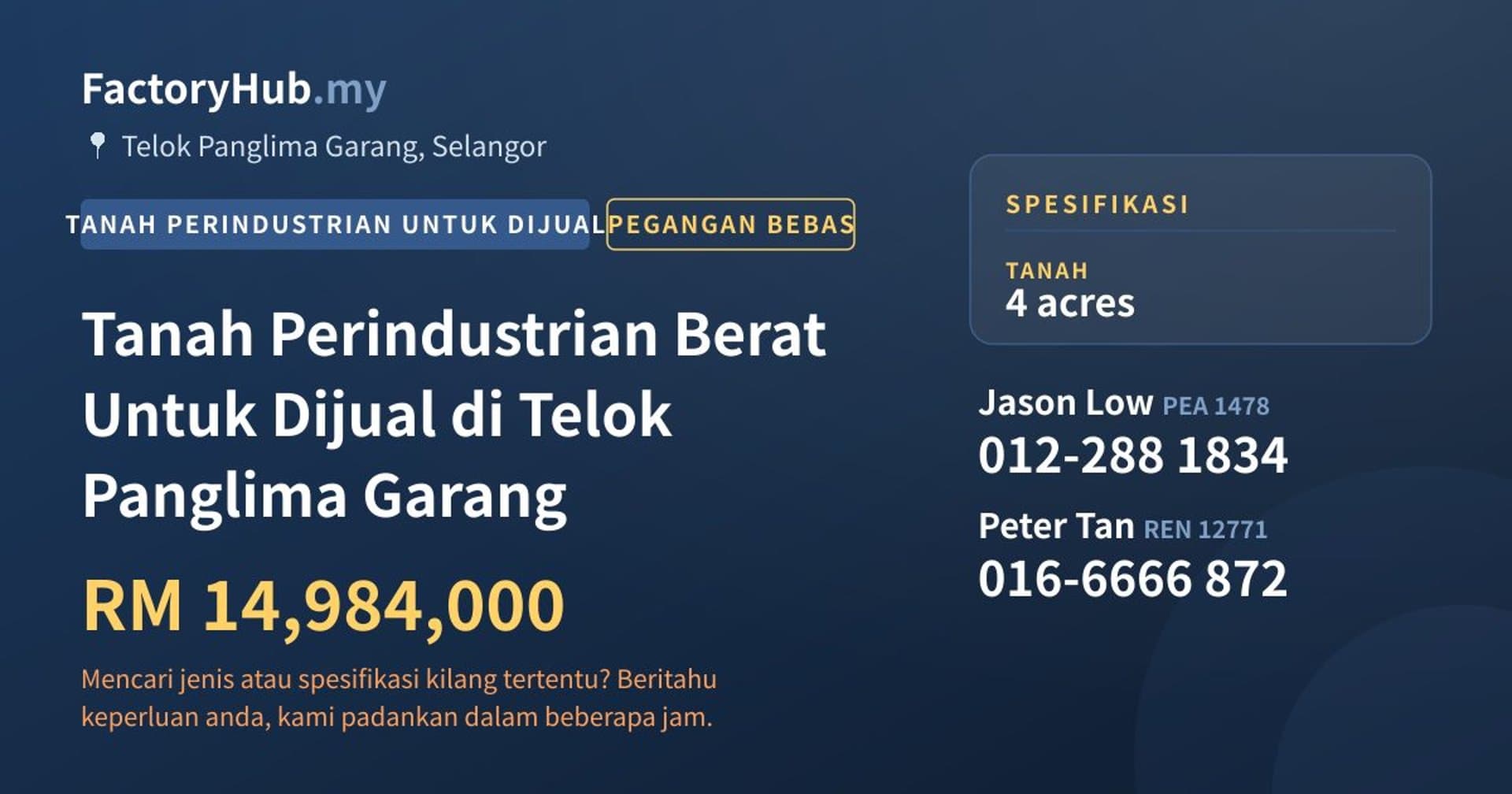 Tanah Perindustrian Berat Untuk Dijual di Telok Panglima Garang · Imej hartanah 1/2