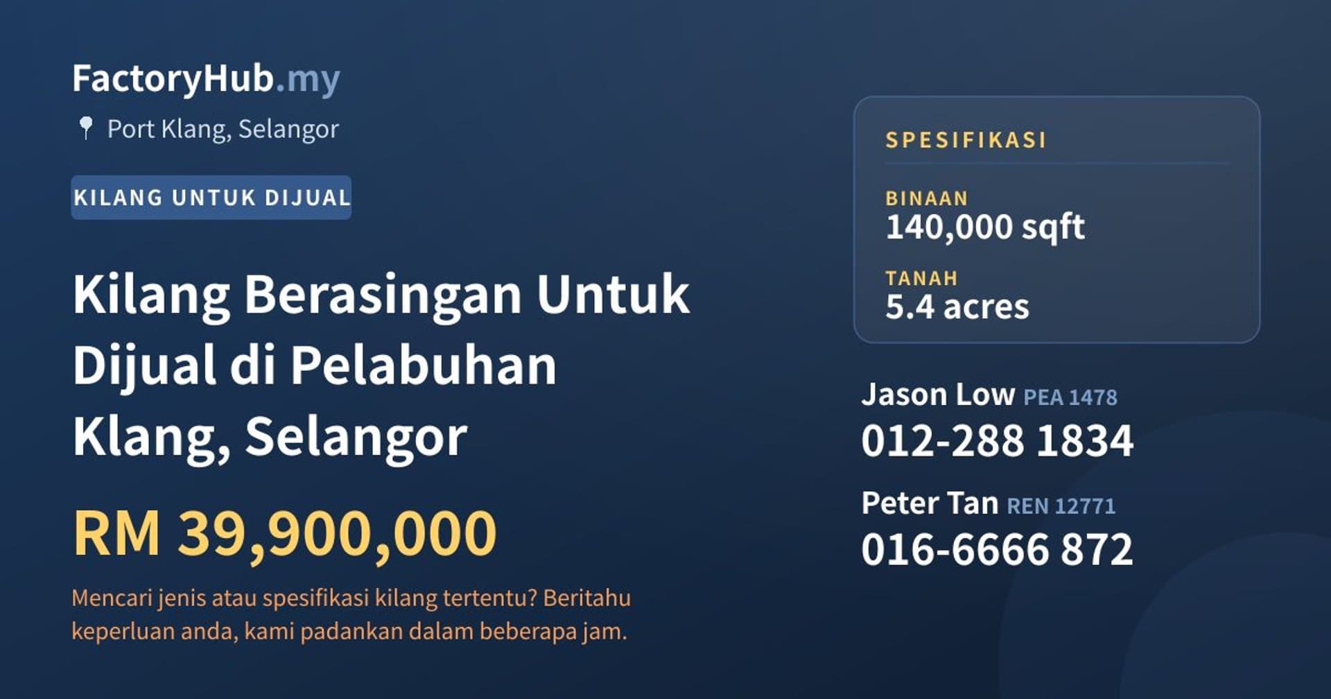 Kilang Berasingan Untuk Dijual di Pelabuhan Klang, Selangor · Imej hartanah 1/2