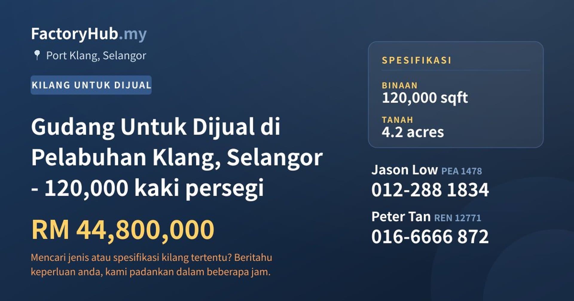 Gudang Untuk Dijual di Pelabuhan Klang, Selangor - 120,000 kaki persegi · Imej hartanah 1/2