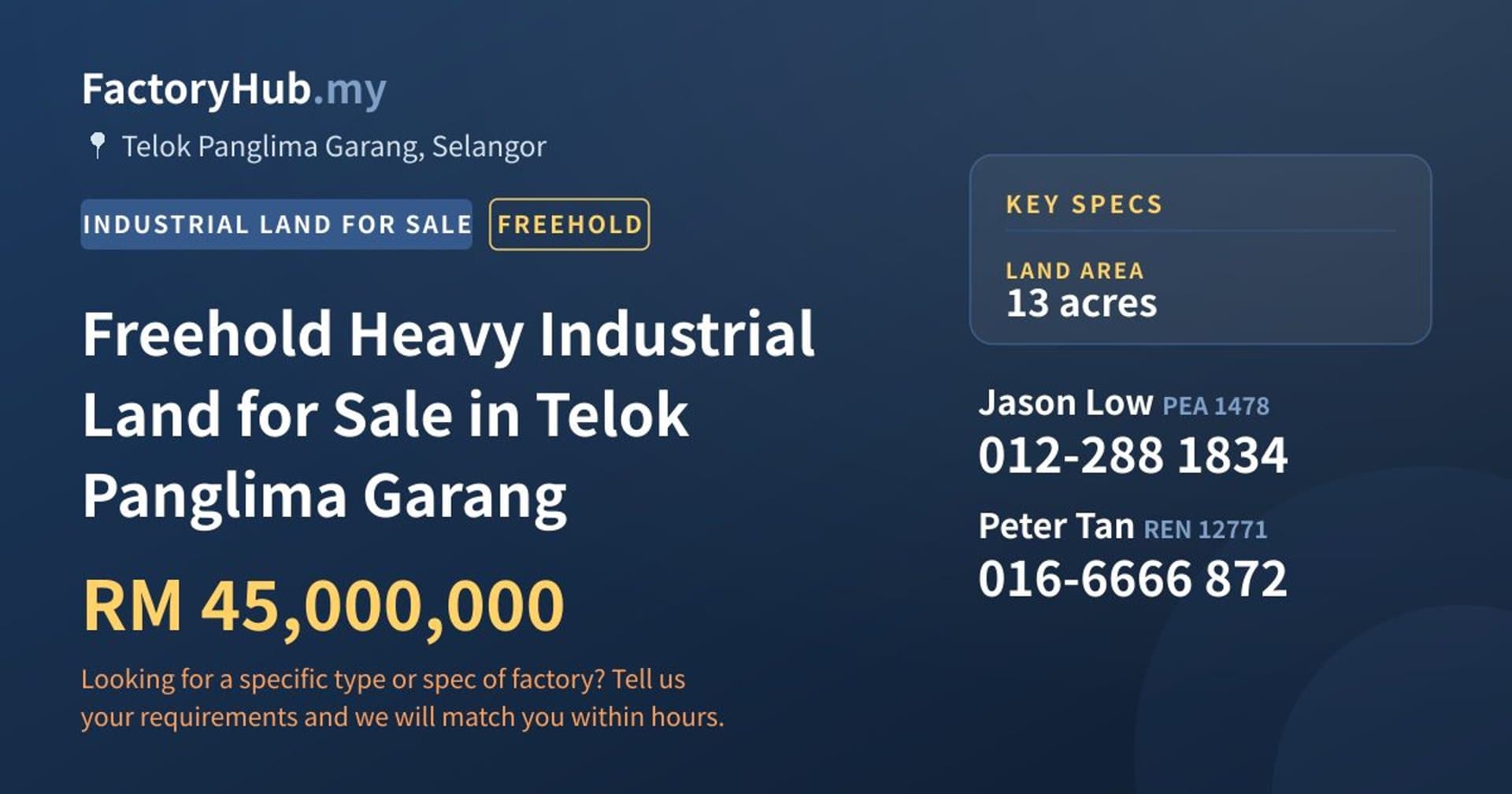 Freehold Heavy Industrial Land for Sale in Telok Panglima Garang - Property image 1 of 2