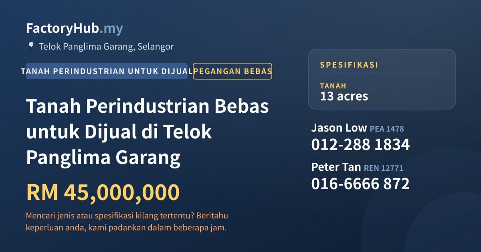Tanah Perindustrian Bebas untuk Dijual di Telok Panglima Garang · Imej hartanah 1/2