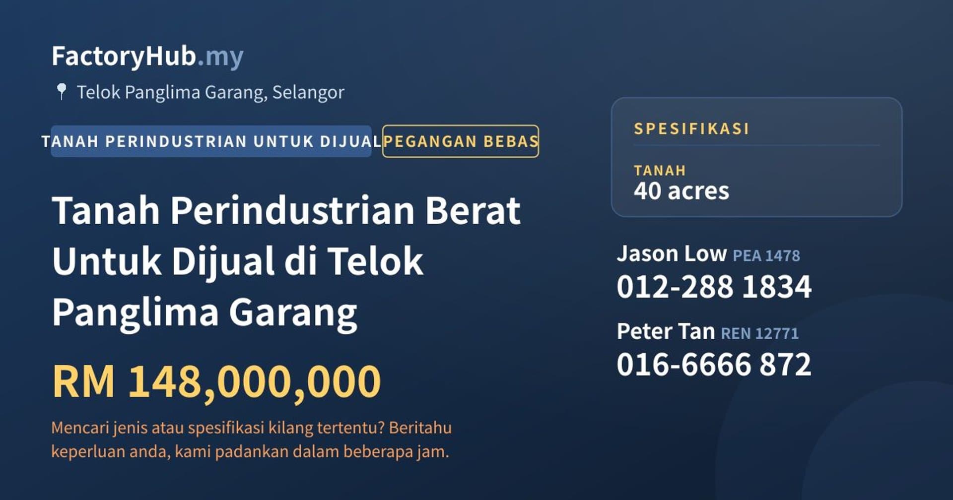 Tanah Perindustrian Berat Untuk Dijual di Telok Panglima Garang · Imej hartanah 1/2