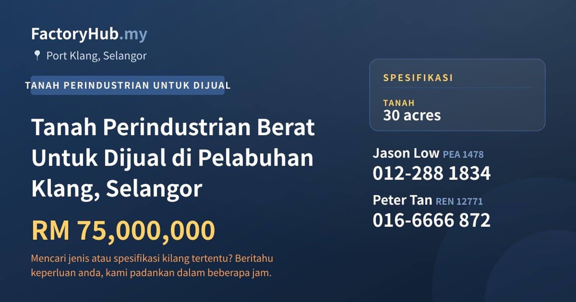 Tanah Perindustrian Berat Untuk Dijual di Pelabuhan Klang, Selangor · Imej hartanah 1/2