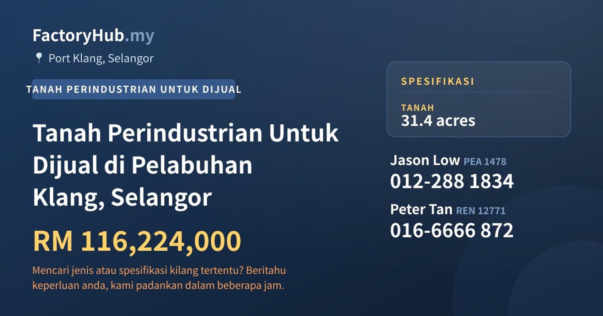 Tanah Perindustrian Untuk Dijual di Pelabuhan Klang, Selangor · Imej hartanah 1/2