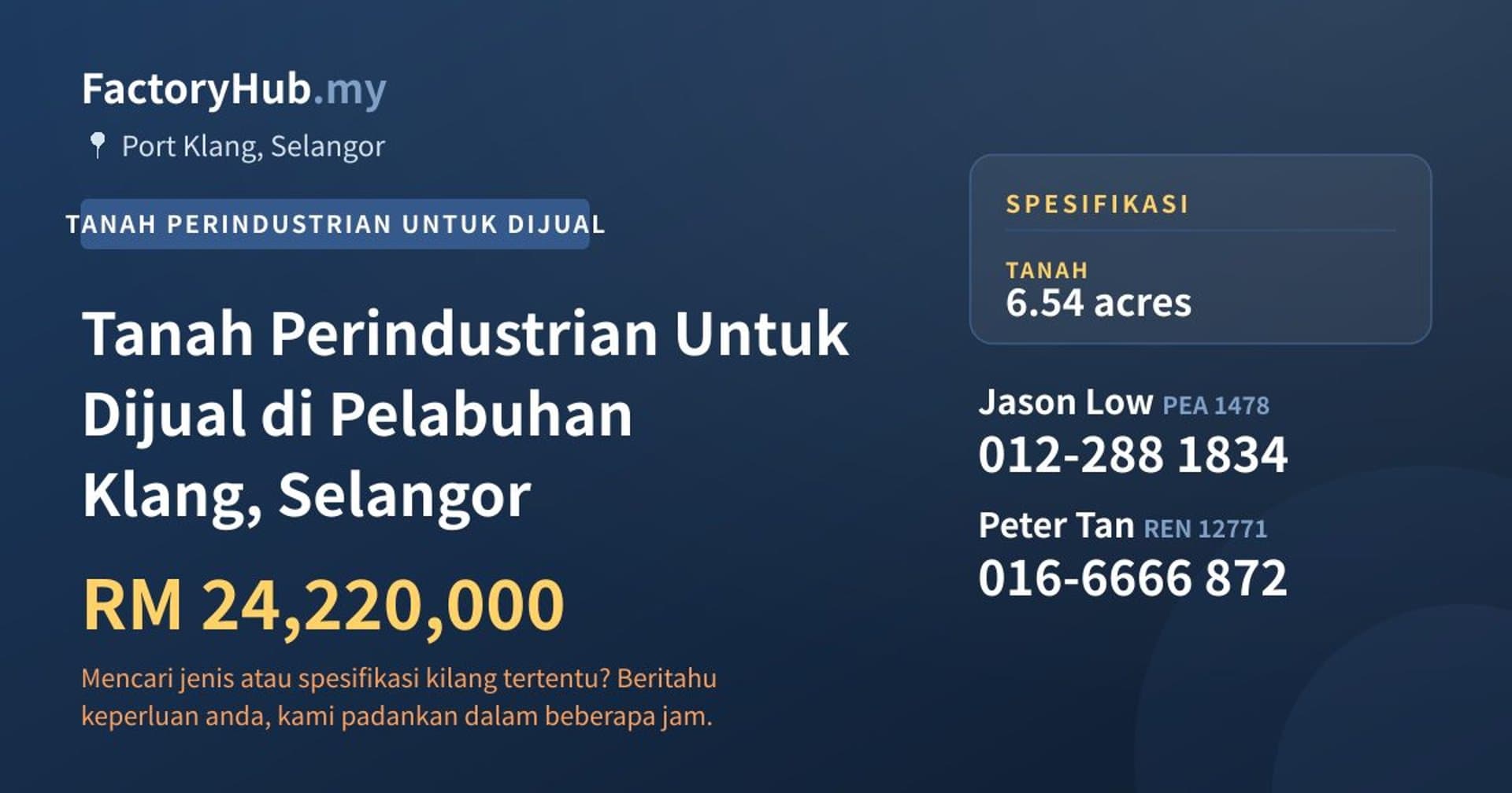 Tanah Perindustrian Untuk Dijual di Pelabuhan Klang, Selangor · Imej hartanah 1/2