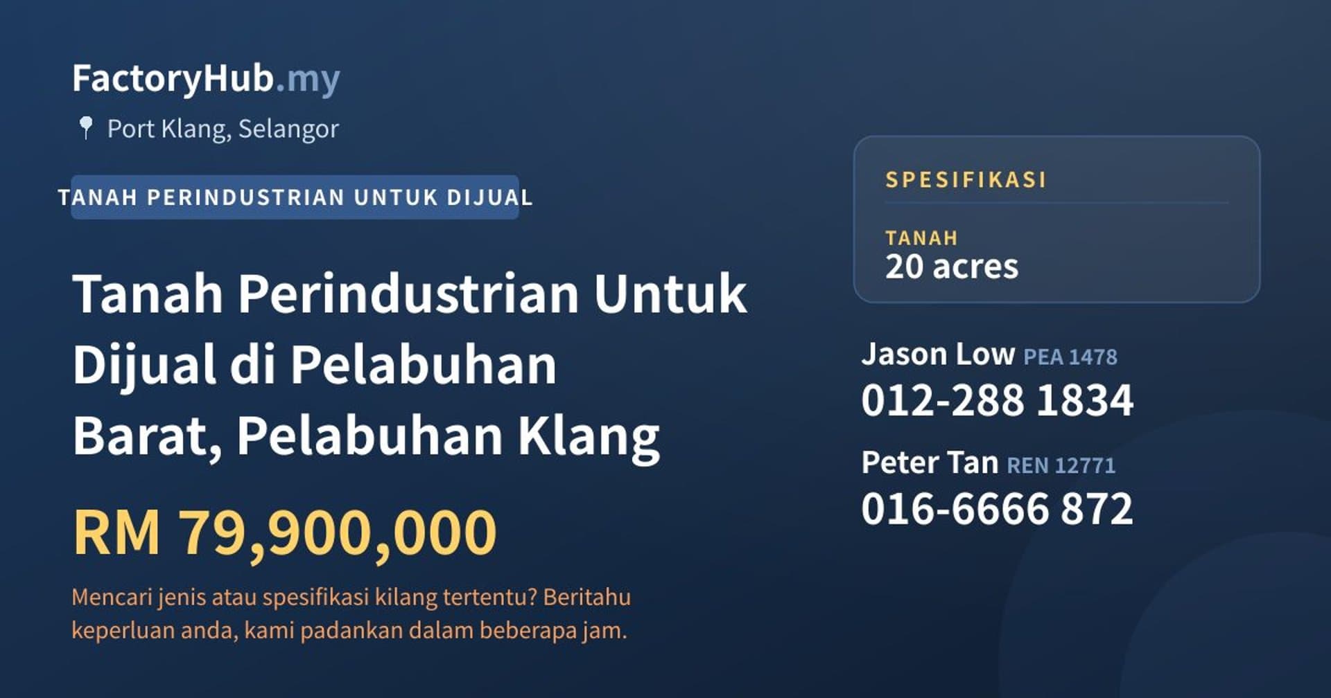 Tanah Perindustrian Untuk Dijual di Pelabuhan Barat, Pelabuhan Klang · Imej hartanah 1/2