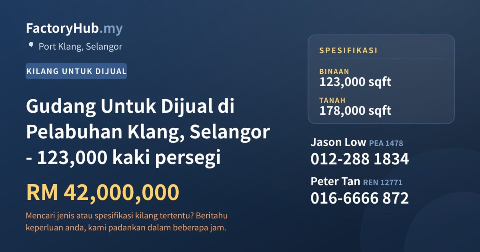 Gudang Untuk Dijual di Pelabuhan Klang, Selangor - 123,000 kaki persegi · Imej hartanah 1/2