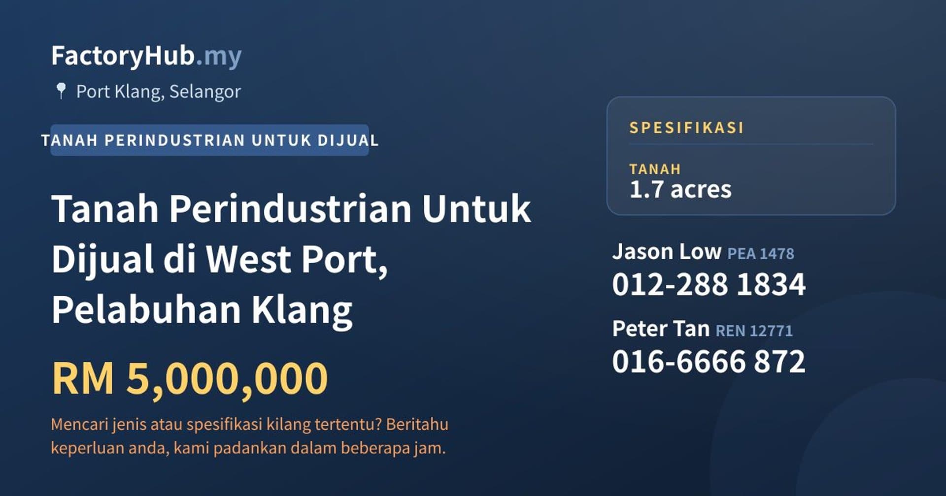 Tanah Perindustrian Untuk Dijual di West Port, Pelabuhan Klang · Imej hartanah 1/2