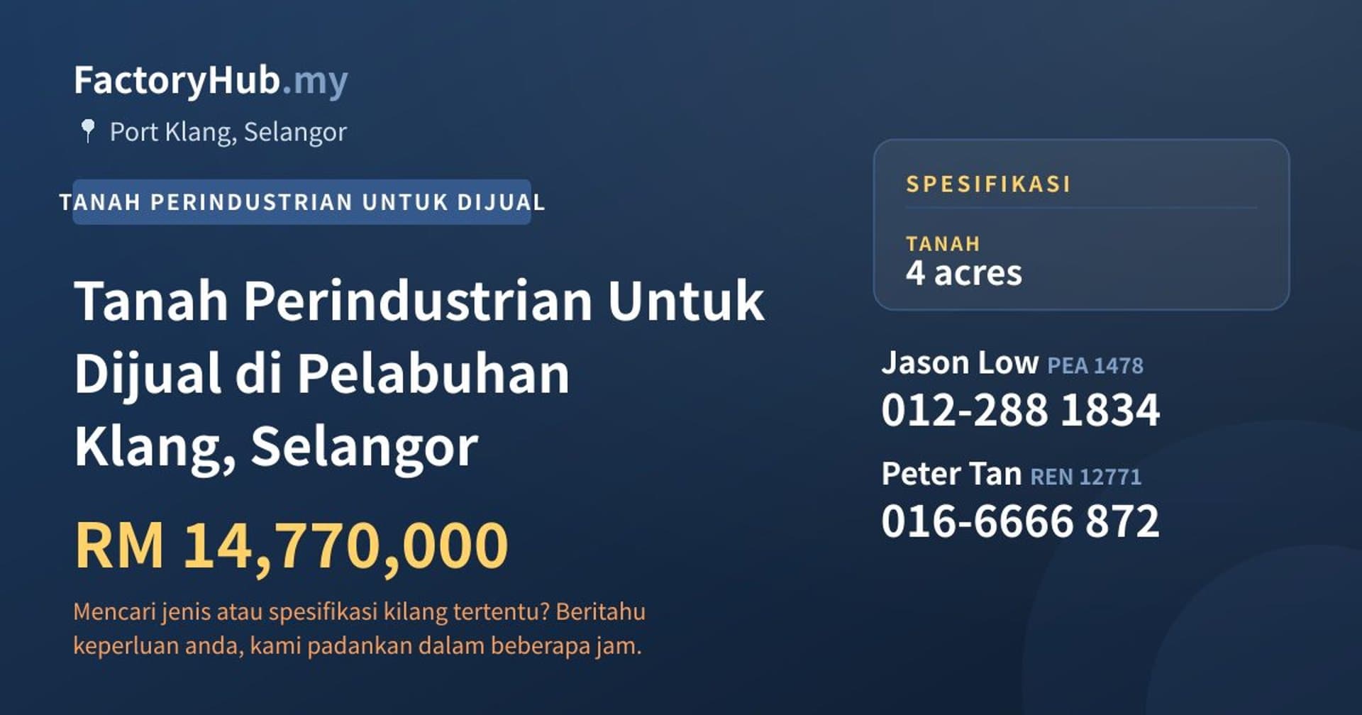 Tanah Perindustrian Untuk Dijual di Pelabuhan Klang, Selangor · Imej hartanah 1/2