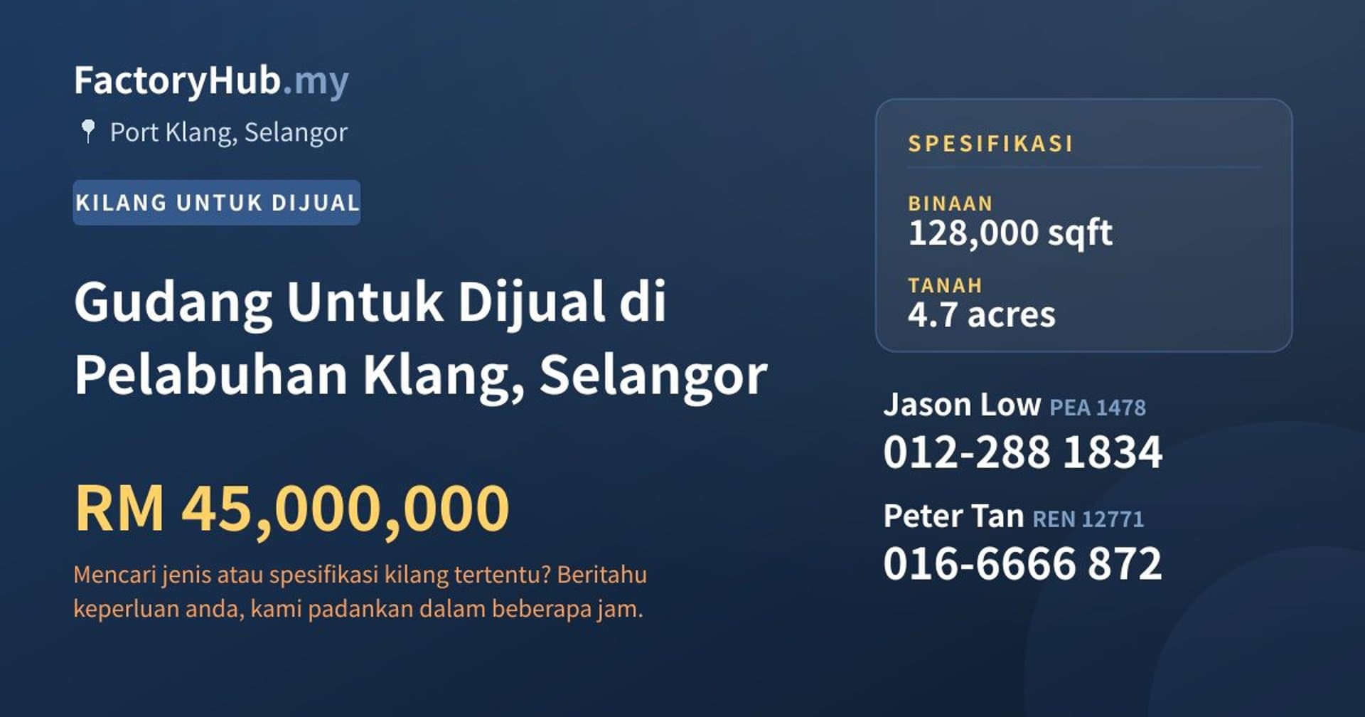 Gudang Untuk Dijual di Pelabuhan Klang, Selangor · Imej hartanah 1/2