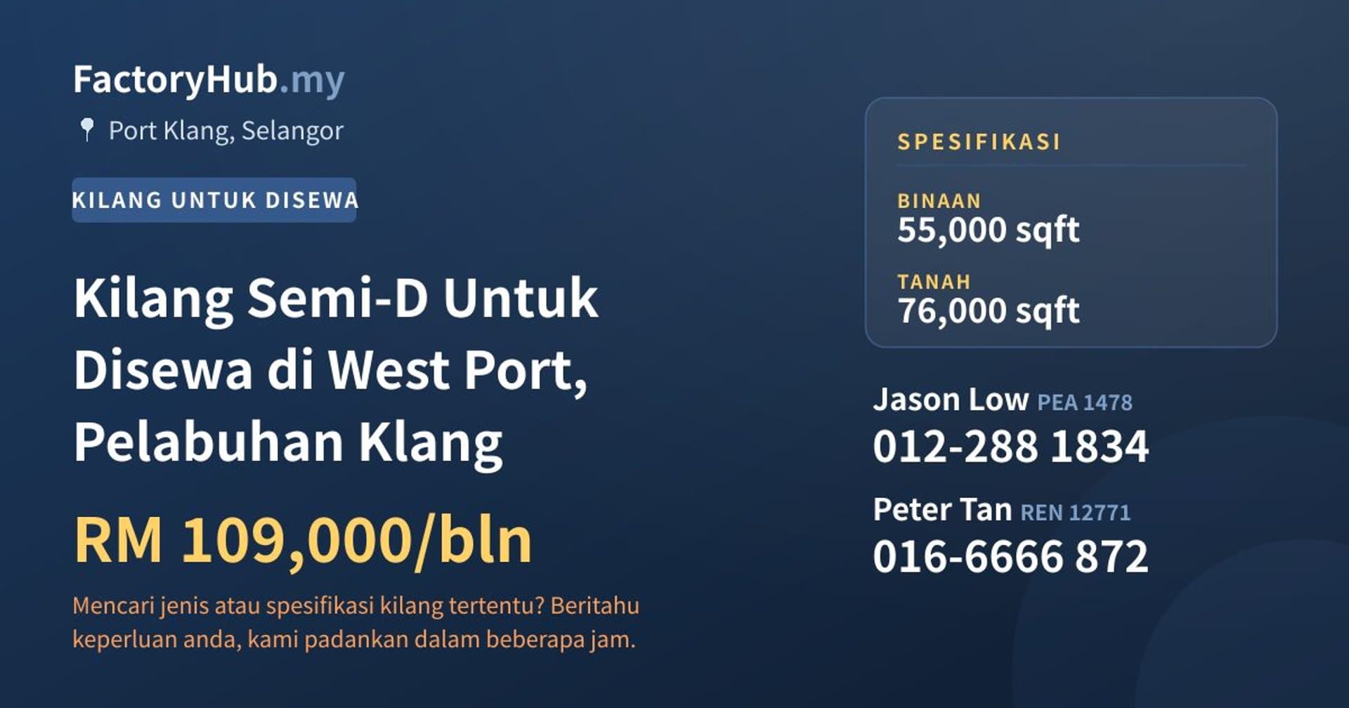 Kilang Semi-D Untuk Disewa di West Port, Pelabuhan Klang · Imej hartanah 1/2