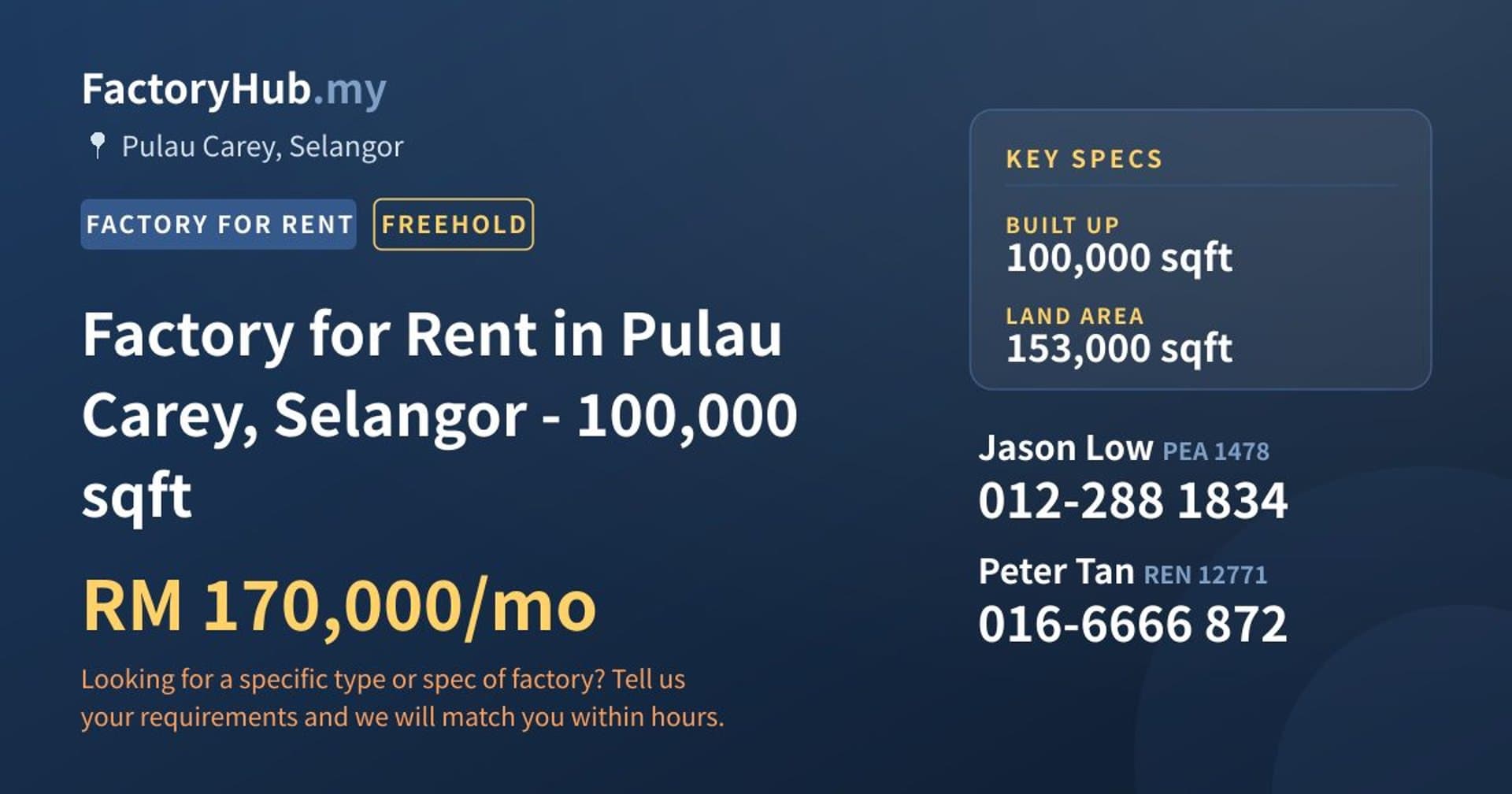 Factory for Rent in Pulau Carey, Selangor - 100,000 sqft - Property image 1 of 2