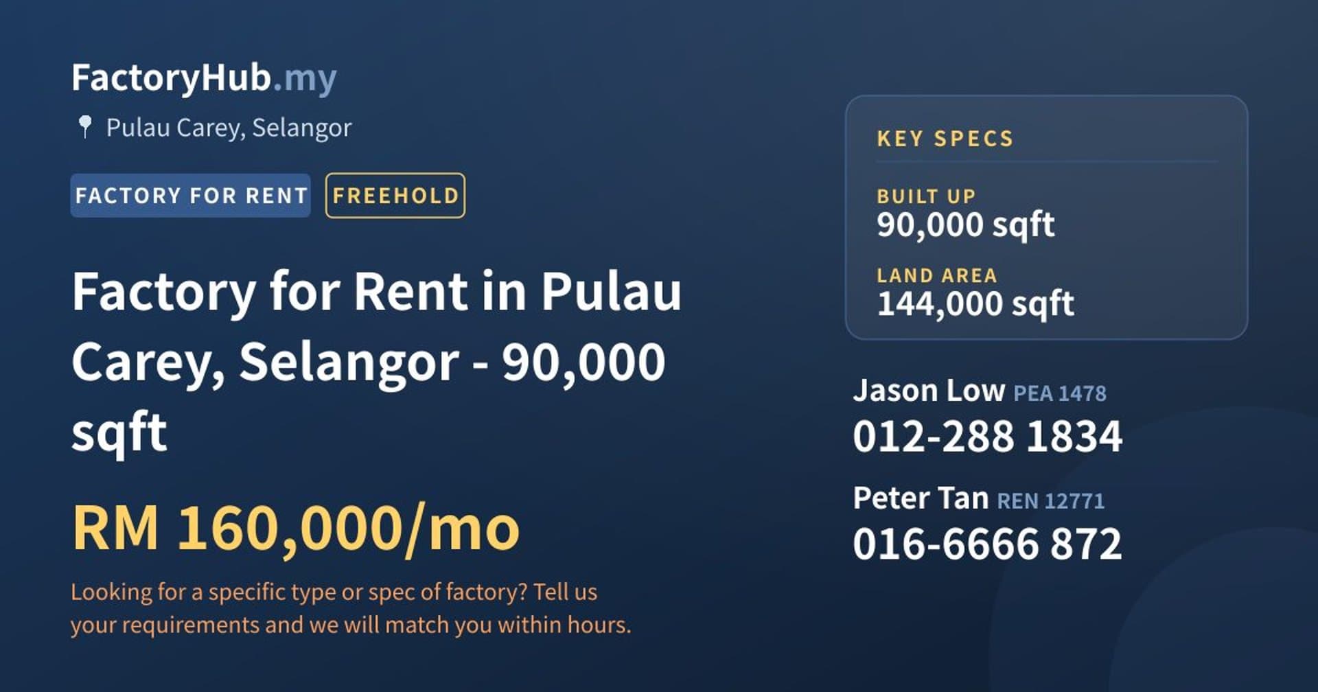 Factory for Rent in Pulau Carey, Selangor - 90,000 sqft - Property image 1 of 2
