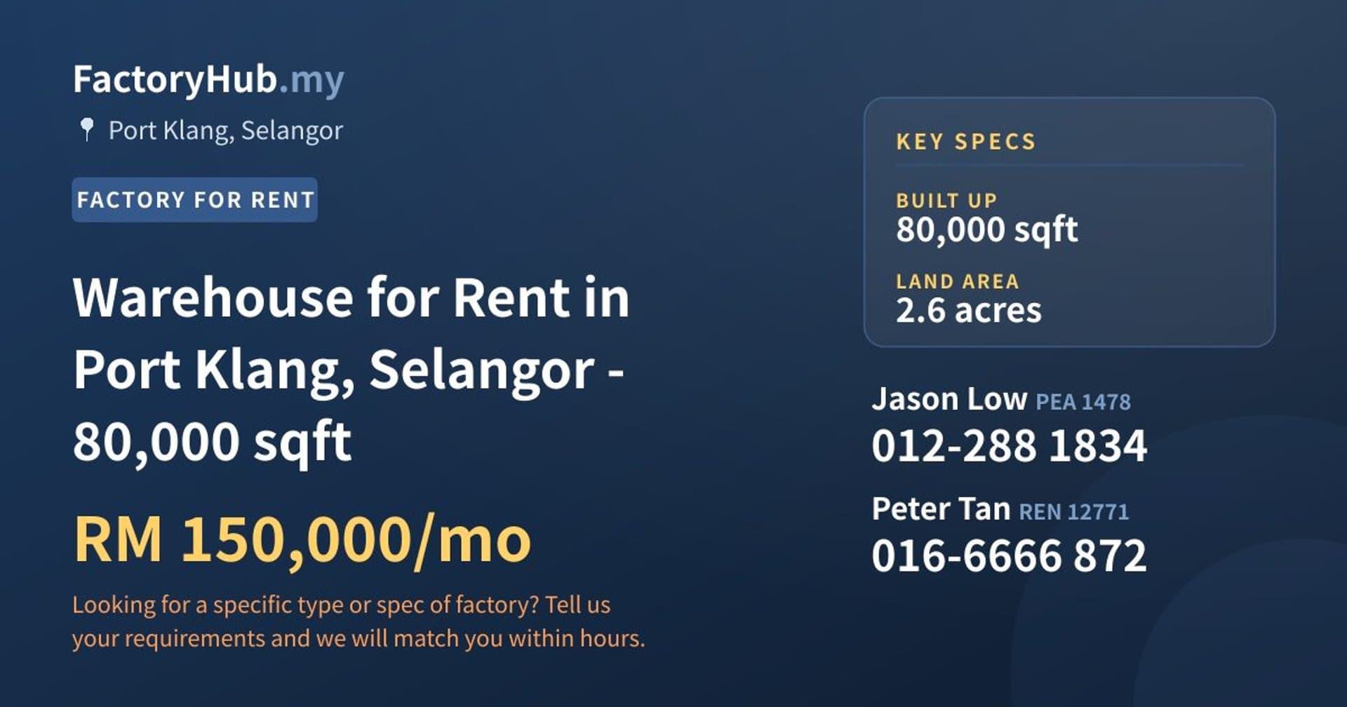 Warehouse for Rent in Port Klang, Selangor - 80,000 sqft - Property image 1 of 2