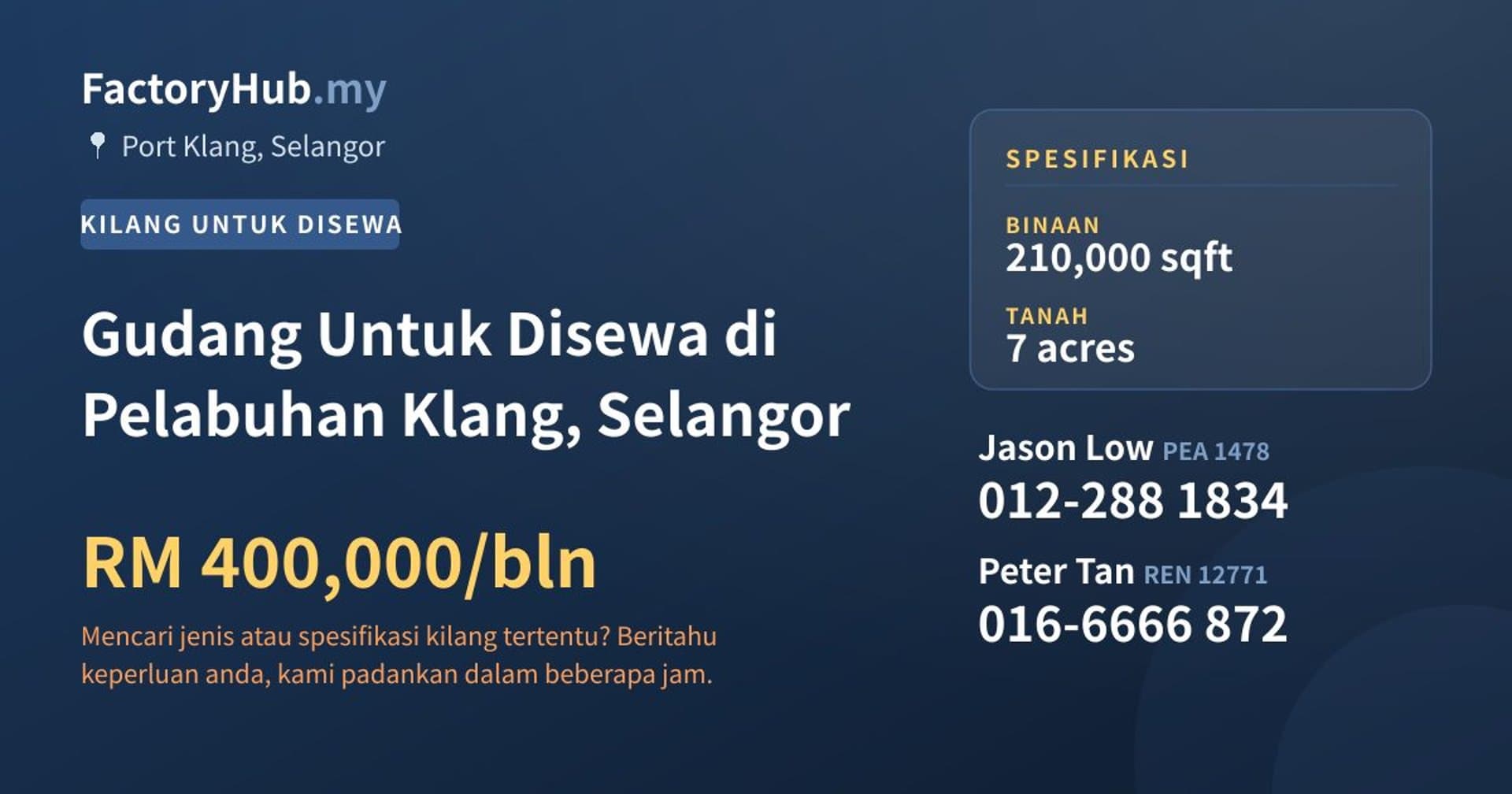 Gudang Untuk Disewa di Pelabuhan Klang, Selangor · Imej hartanah 1/2
