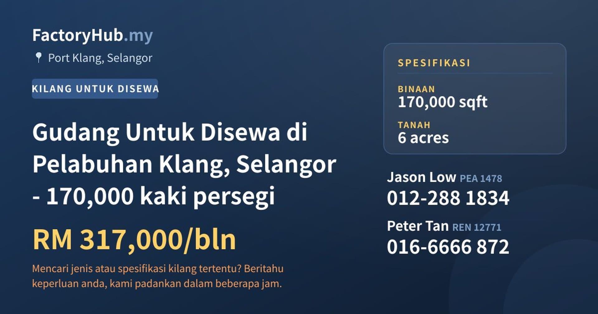 Gudang Untuk Disewa di Pelabuhan Klang, Selangor - 170,000 kaki persegi · Imej hartanah 1/2