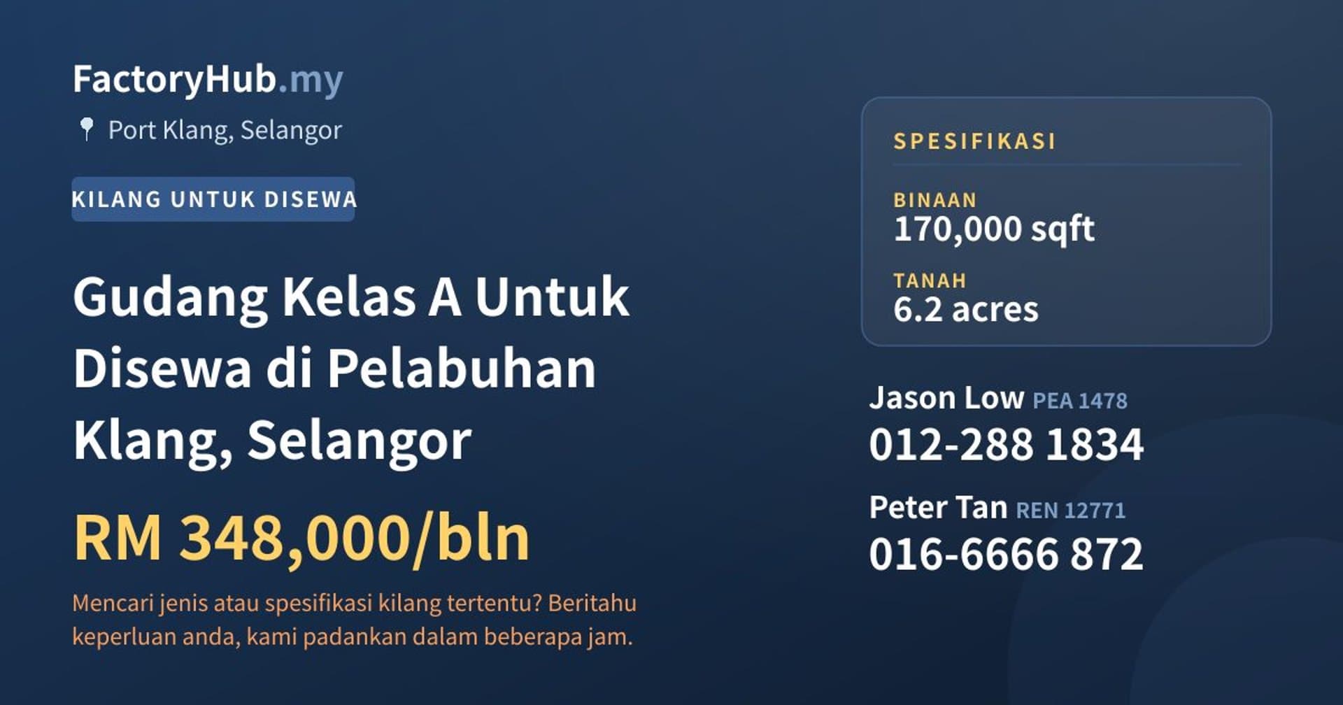 Gudang Kelas A Untuk Disewa di Pelabuhan Klang, Selangor · Imej hartanah 1/2
