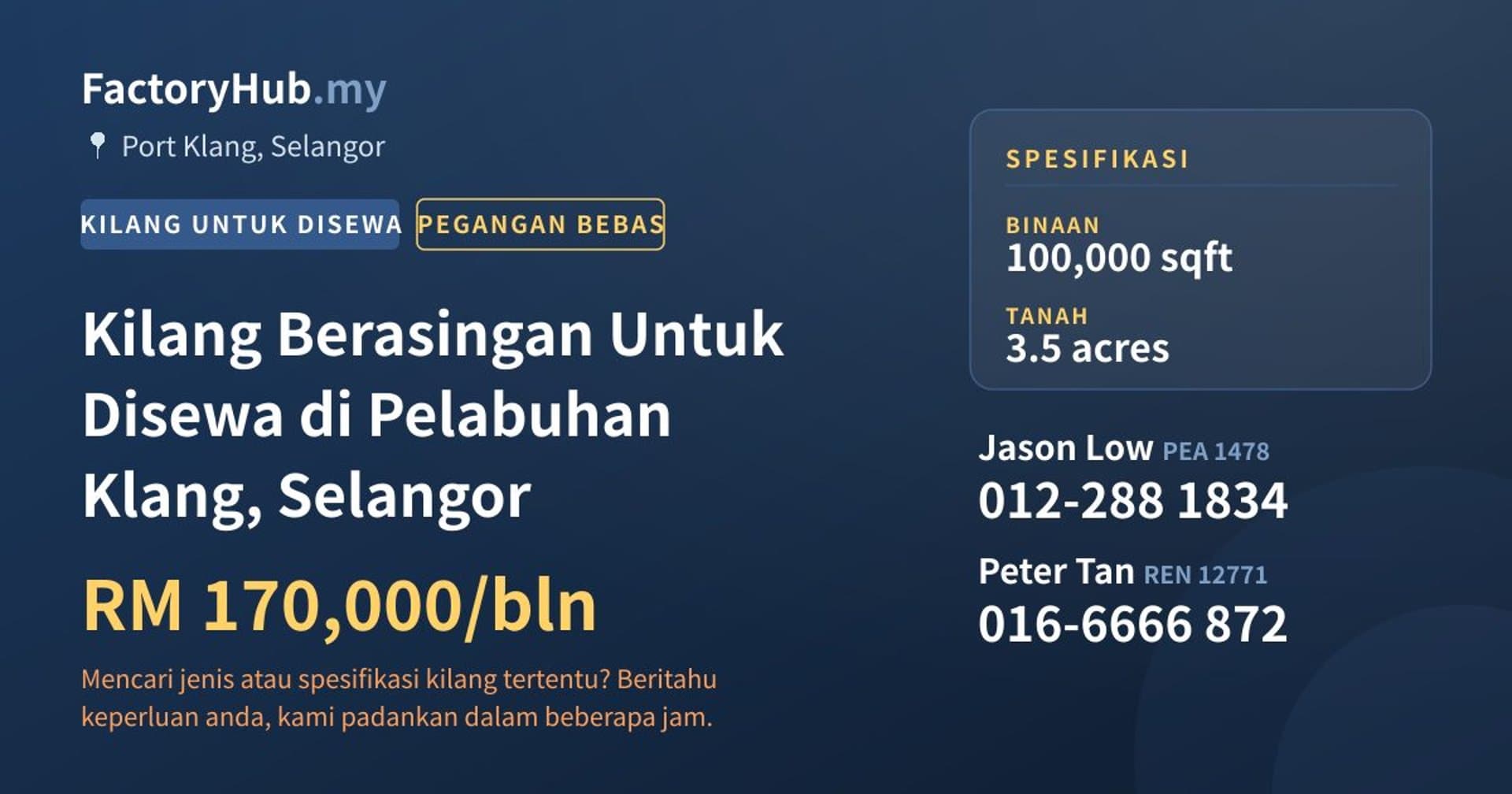 Kilang Berasingan Untuk Disewa di Pelabuhan Klang, Selangor · Imej hartanah 1/2